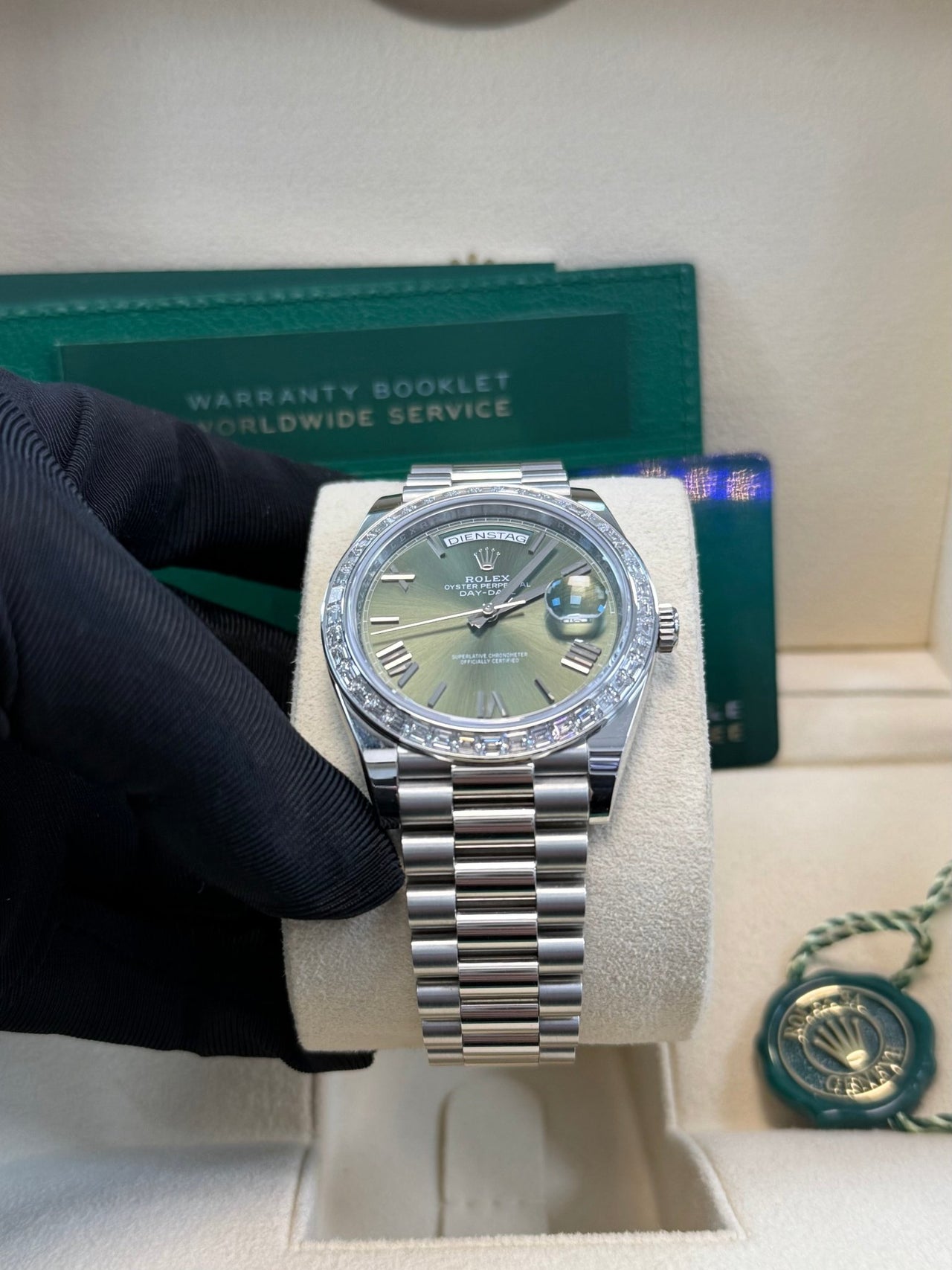 Rolex Day - Date 40 Baguette Diamond Bezel Olive Green Roman Dial President Bracelet 228396TBR German Day Wheel - WatchesOff5th