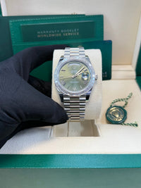 Thumbnail for Rolex Day - Date 40 Baguette Diamond Bezel Olive Green Roman Dial President Bracelet 228396TBR German Day Wheel - WatchesOff5th
