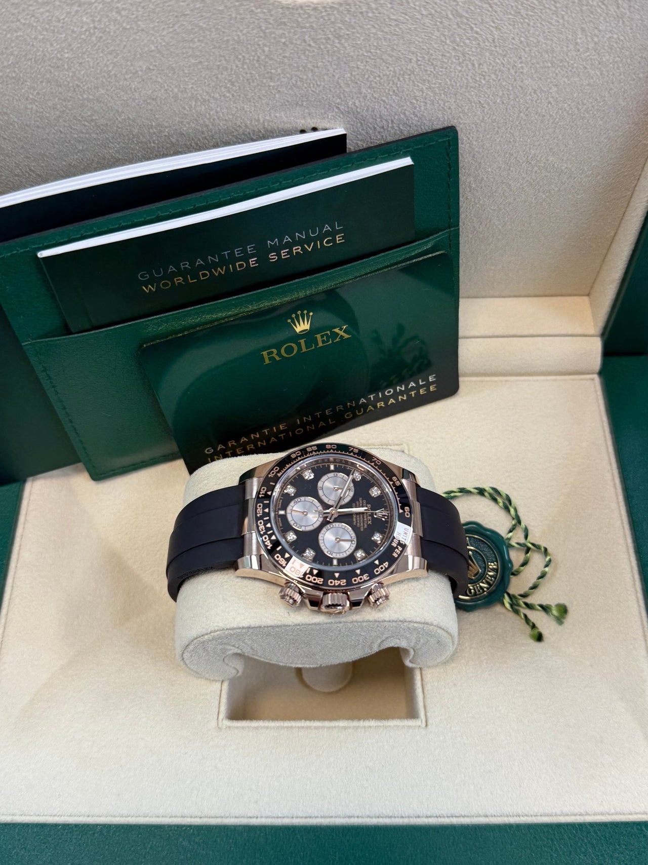 Rolex Daytona Rose Gold Cosmograph Daytona Watch - Black Bezel - Black And Sundust Diamond Dial 126515ln - WatchesOff5th