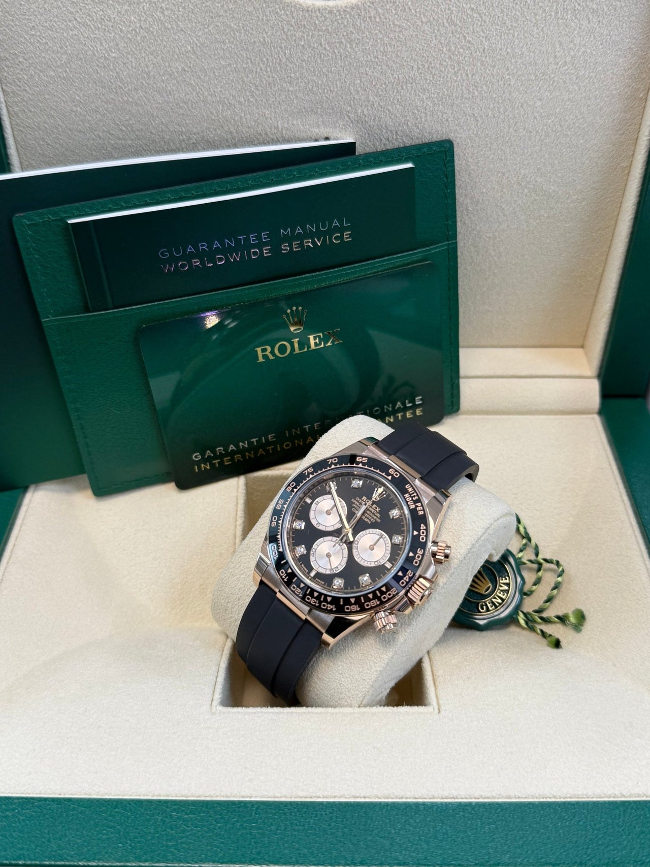 Rolex Daytona Rose Gold Cosmograph Daytona Watch - Black Bezel - Black And Sundust Diamond Dial 126515ln - WatchesOff5th