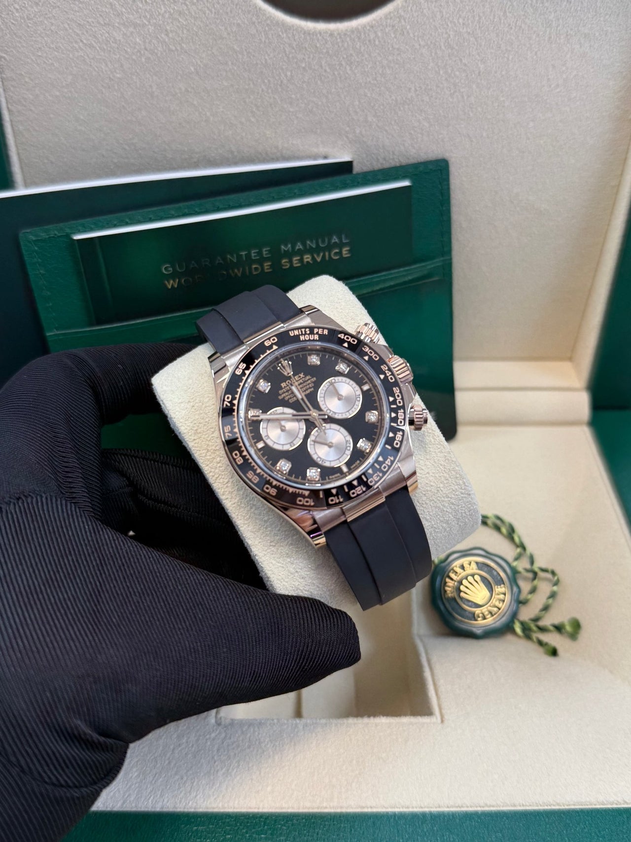 Rolex Daytona Rose Gold Cosmograph Daytona Watch - Black Bezel - Black And Sundust Diamond Dial 126515ln - WatchesOff5th