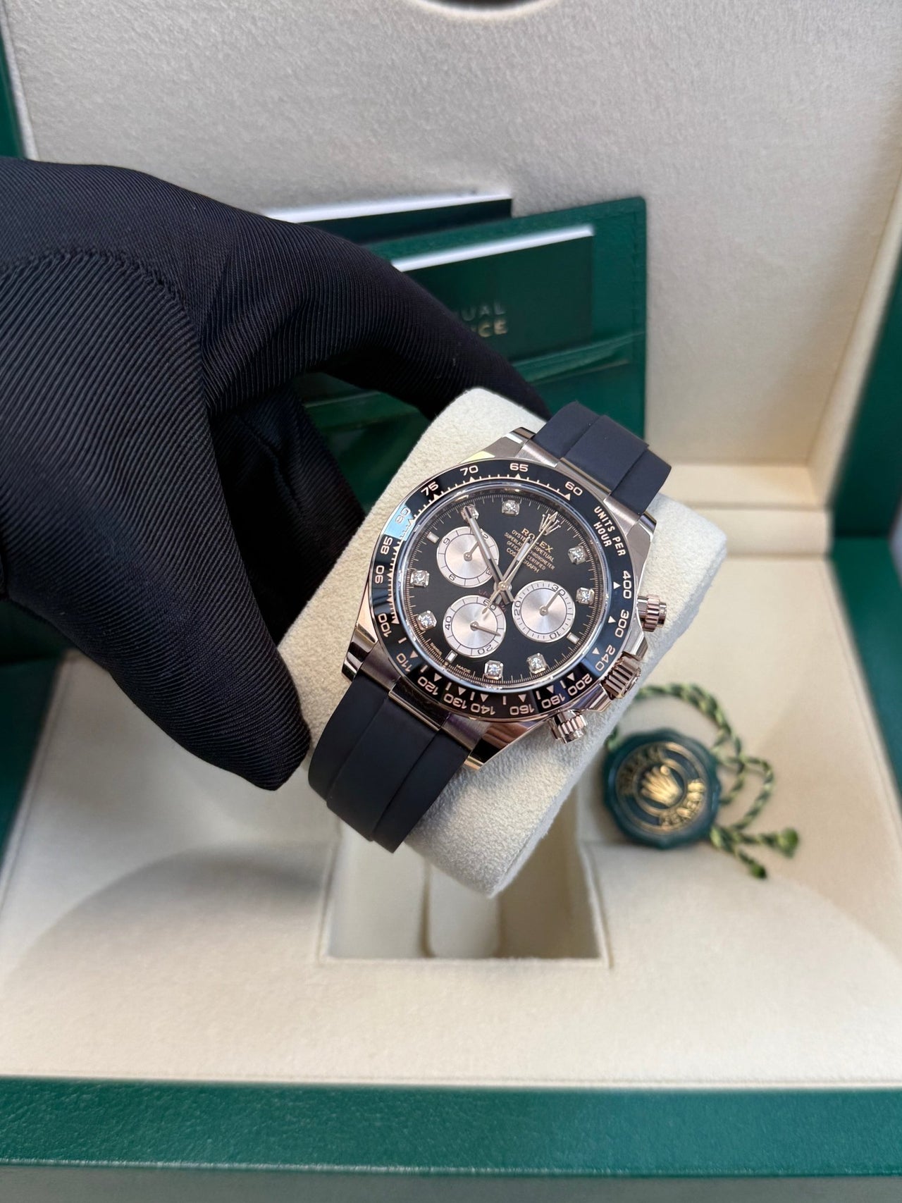 Rolex Daytona Rose Gold Cosmograph Daytona Watch - Black Bezel - Black And Sundust Diamond Dial 126515ln - WatchesOff5th