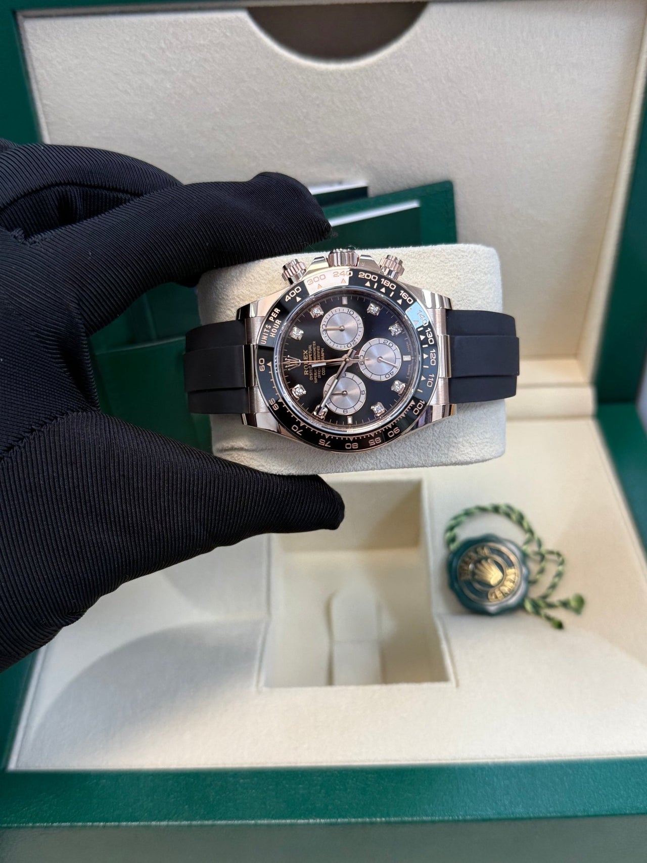 Rolex Daytona Rose Gold Cosmograph Daytona Watch - Black Bezel - Black And Sundust Diamond Dial 126515ln - WatchesOff5th