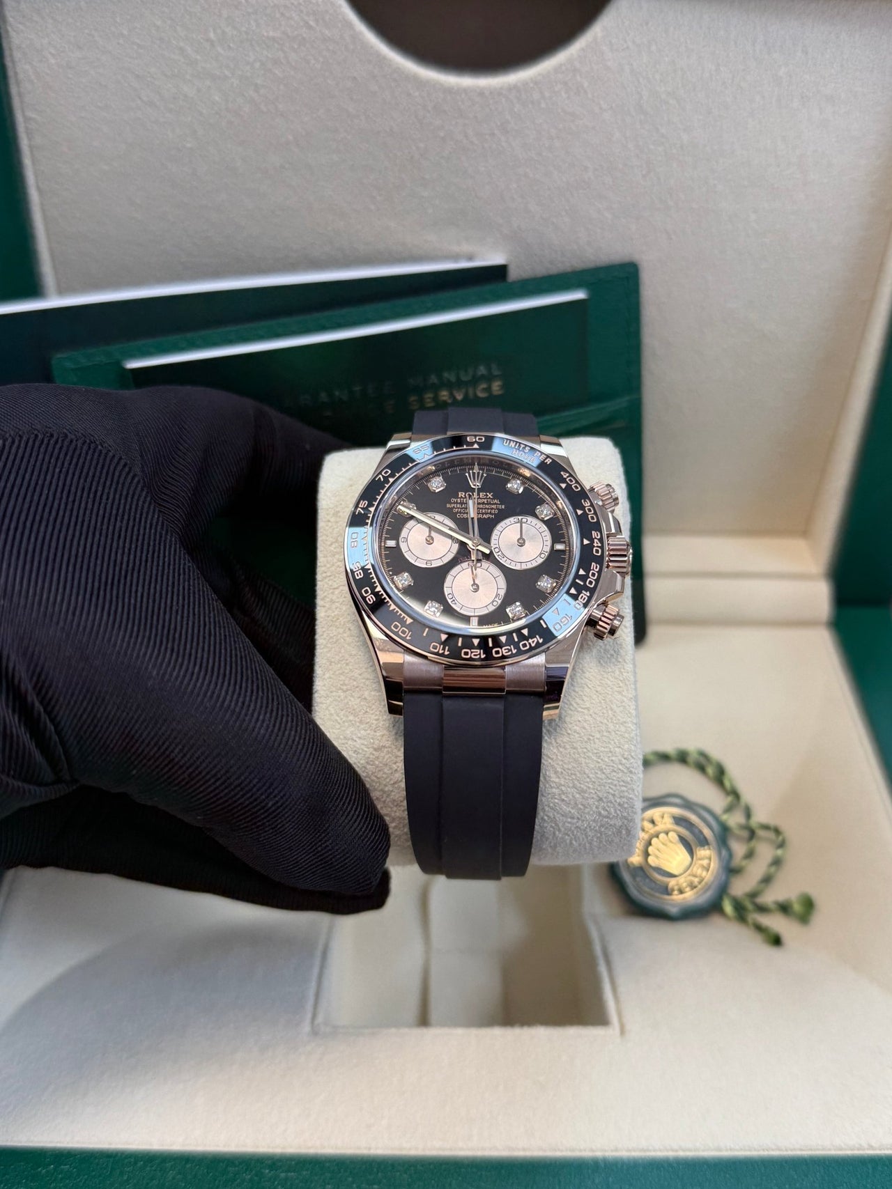 Rolex Daytona Rose Gold Cosmograph Daytona Watch - Black Bezel - Black And Sundust Diamond Dial 126515ln - WatchesOff5th