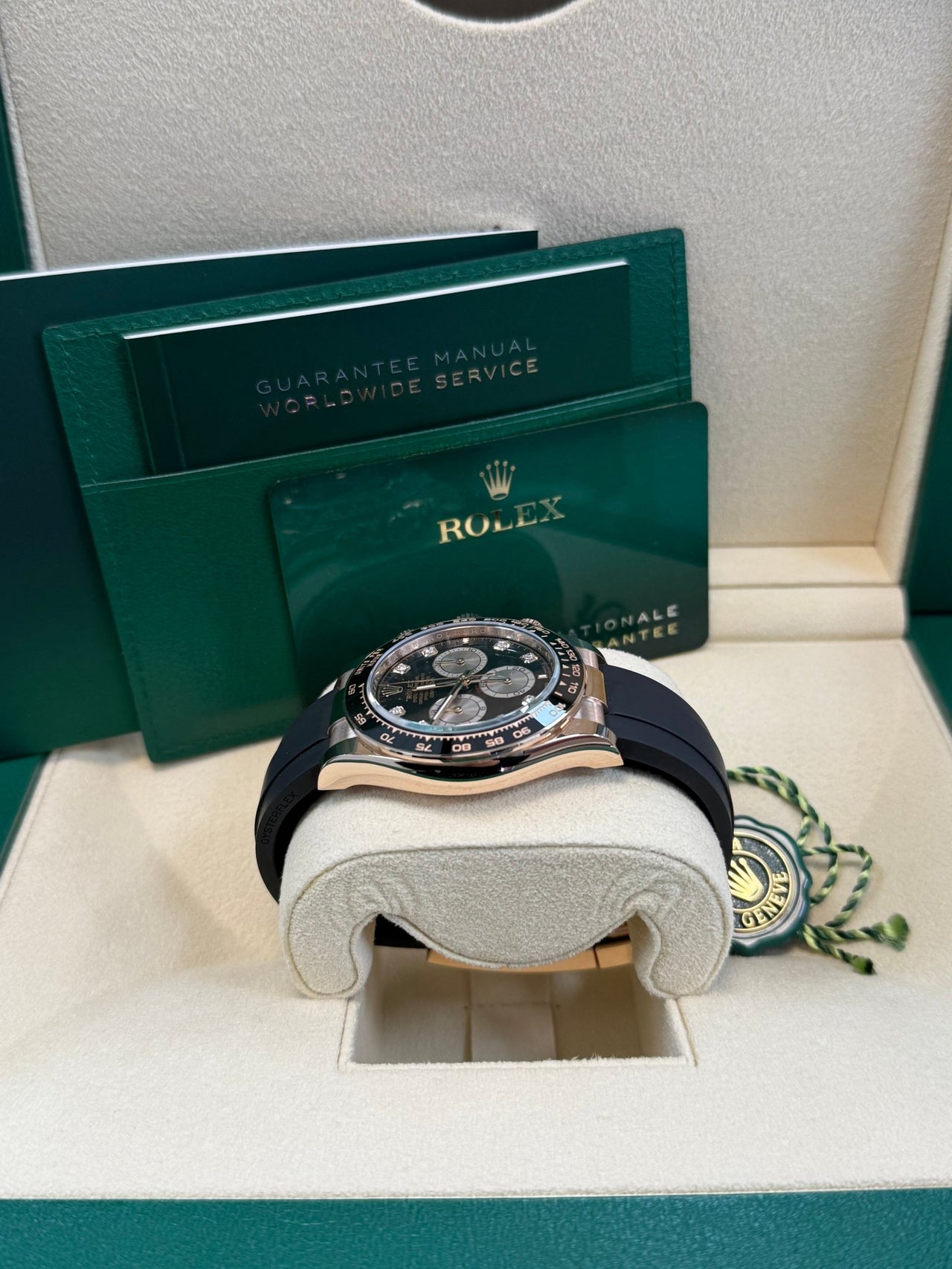 Rolex Daytona Rose Gold Cosmograph Daytona Watch - Black Bezel - Black And Sundust Diamond Dial 126515ln - WatchesOff5th