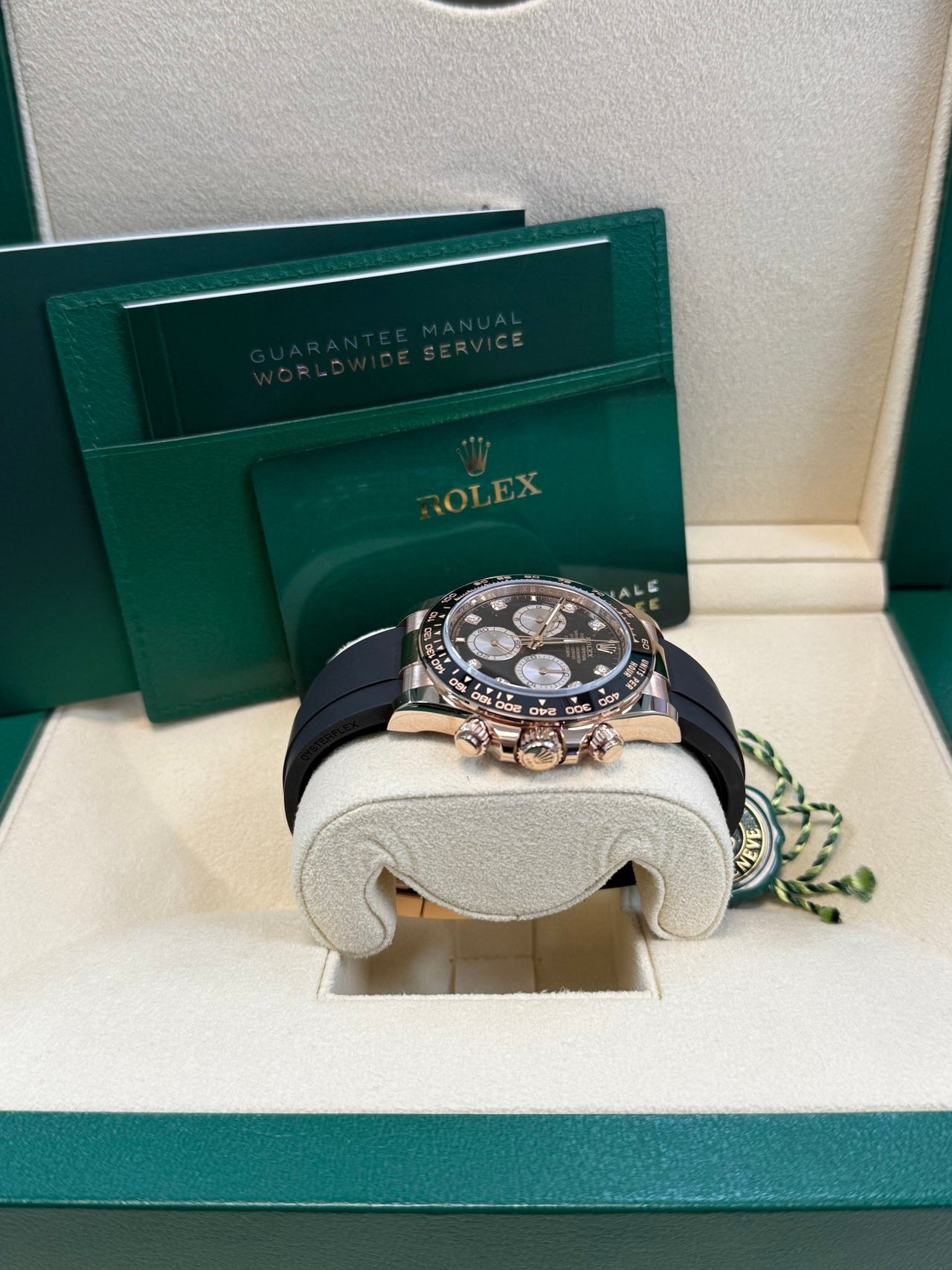 Rolex Daytona Rose Gold Cosmograph Daytona Watch - Black Bezel - Black And Sundust Diamond Dial 126515ln - WatchesOff5th