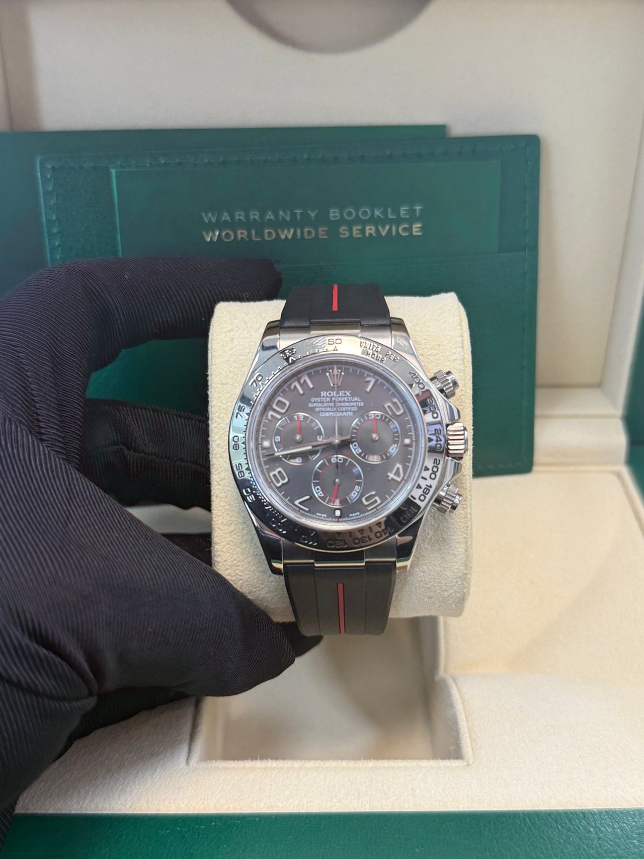 Rolex Daytona White Gold Black Racing Dial 116519 with rubber b strap - WatchesOff5th