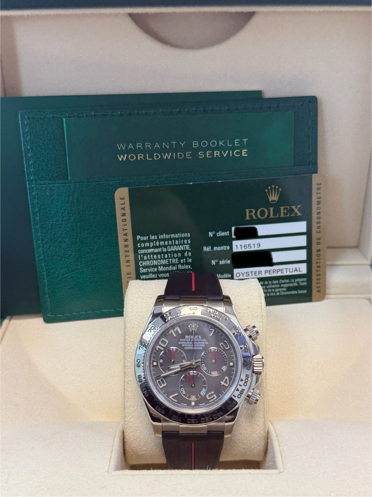 Rolex Daytona White Gold Black Racing Dial 116519 with rubber b strap - WatchesOff5th