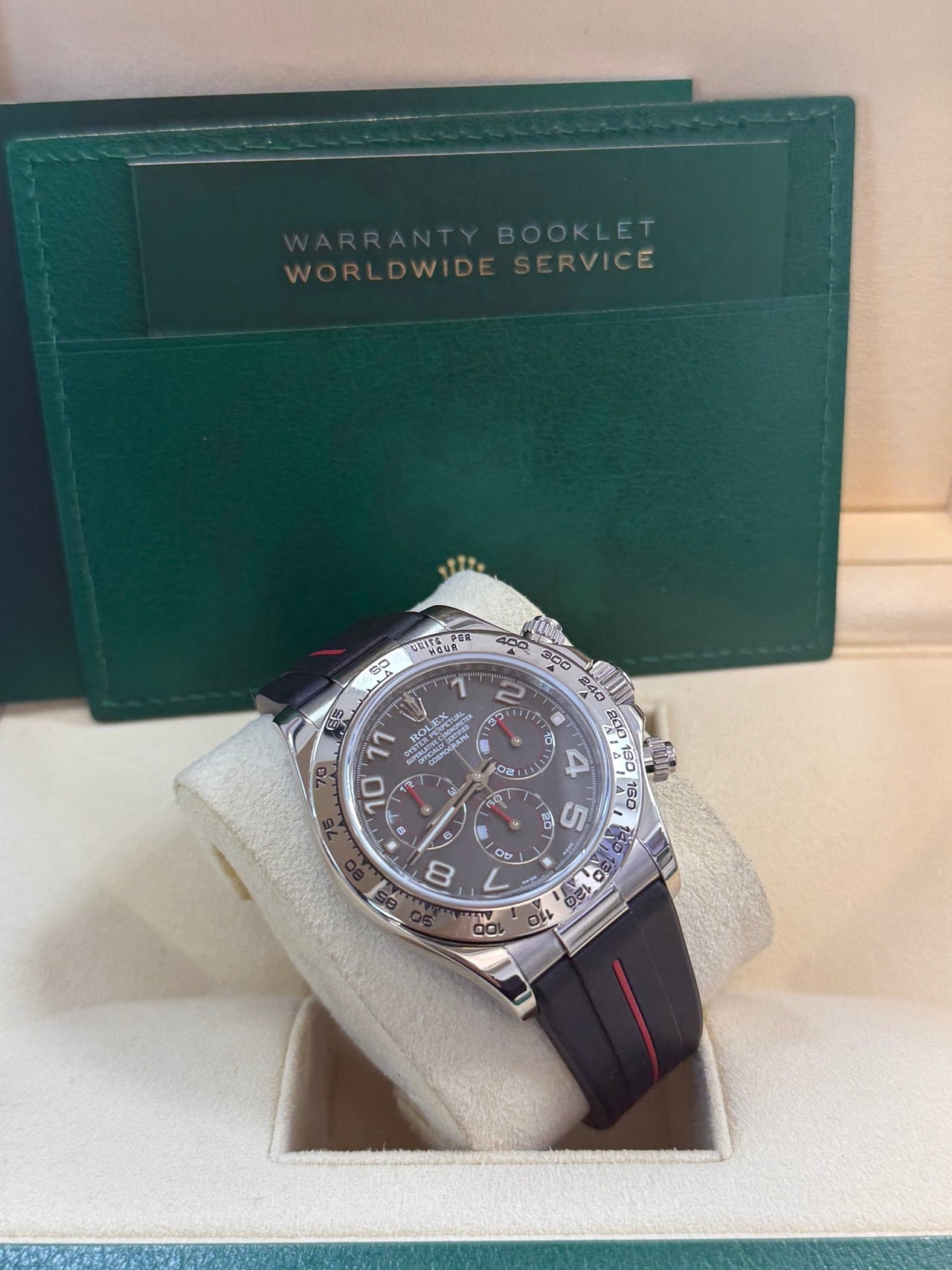 Rolex Daytona White Gold Black Racing Dial 116519 with rubber b strap - WatchesOff5th