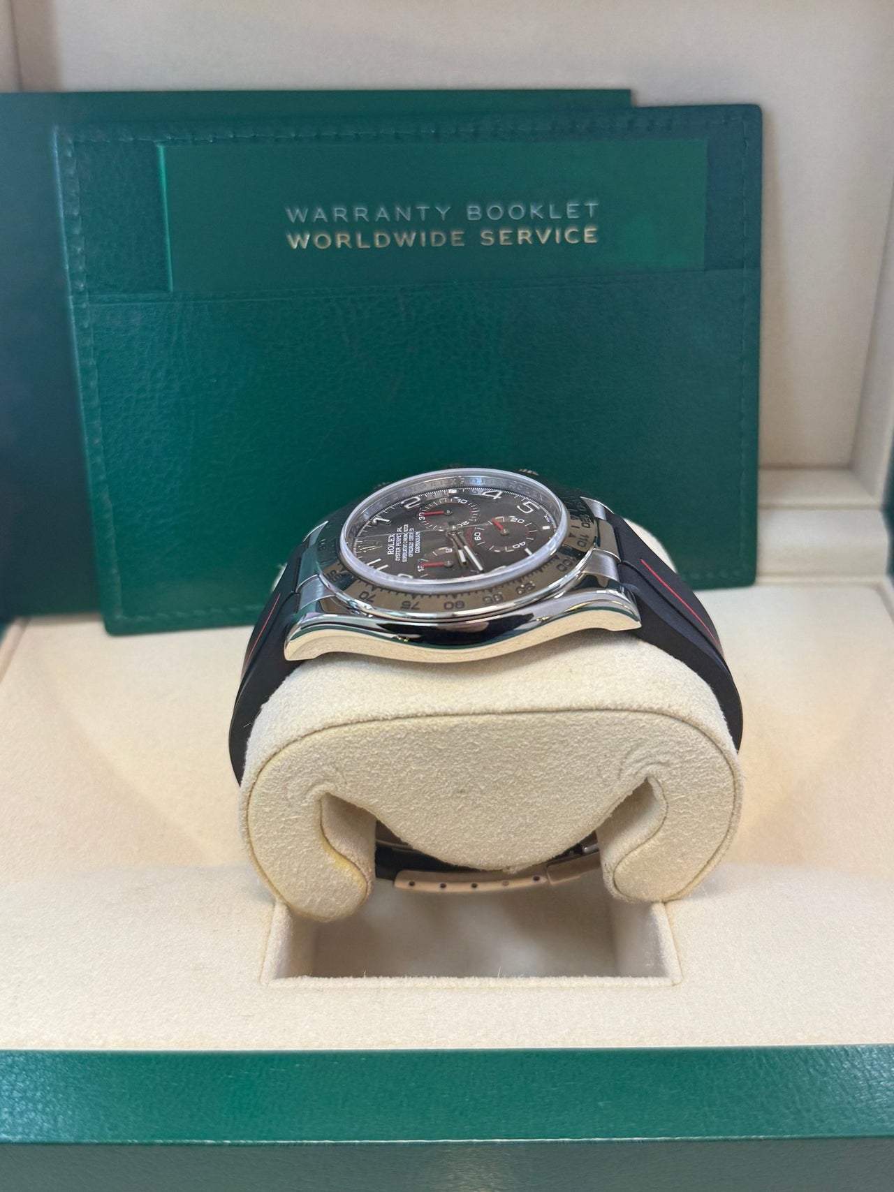 Rolex Daytona White Gold Black Racing Dial 116519 with rubber b strap - WatchesOff5th