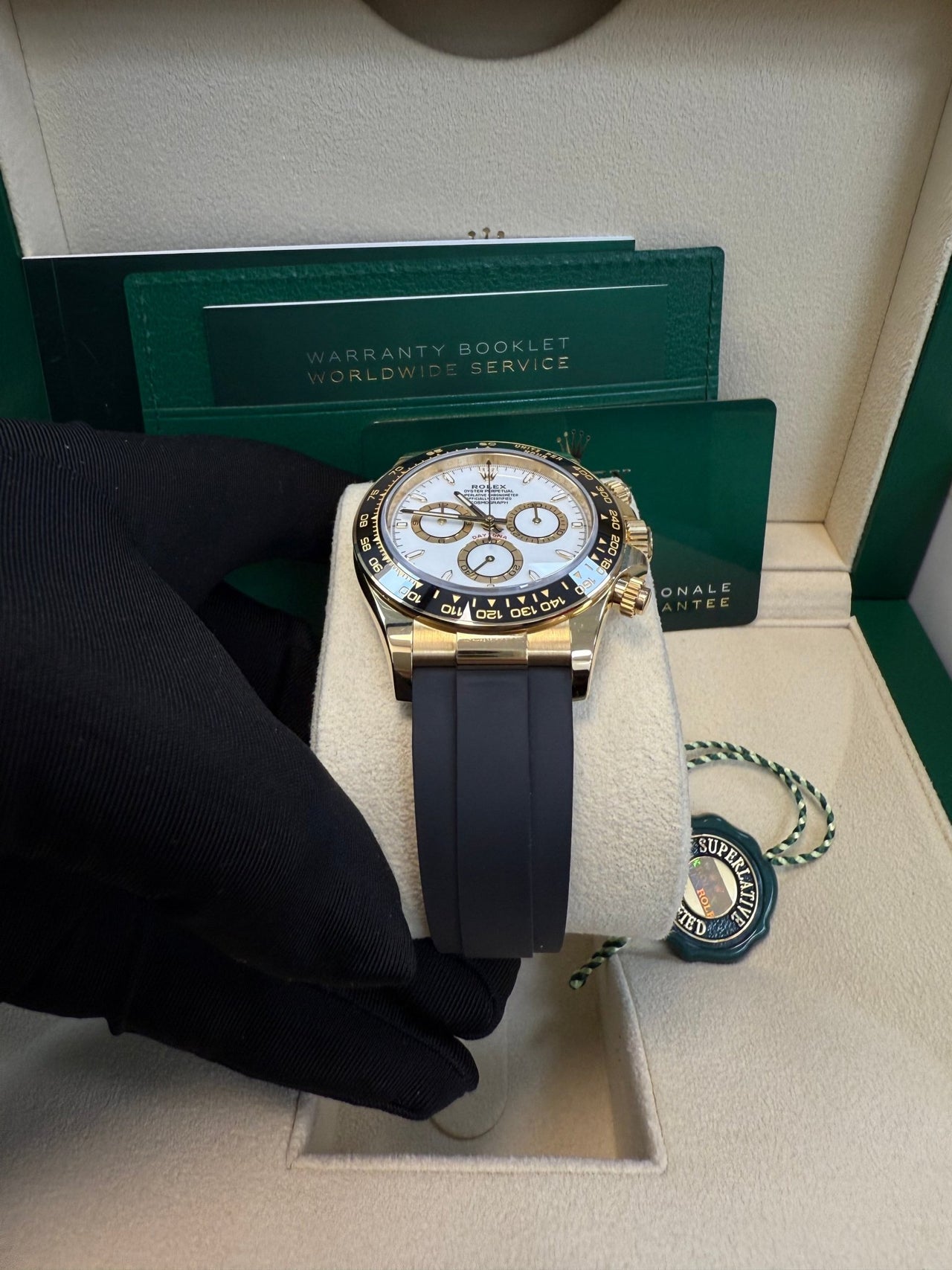 Rolex Daytona Yellow Gold Black Cerachrom Bezel White Index Dial Oysterflex Strap 126518ln - WatchesOff5thWatch