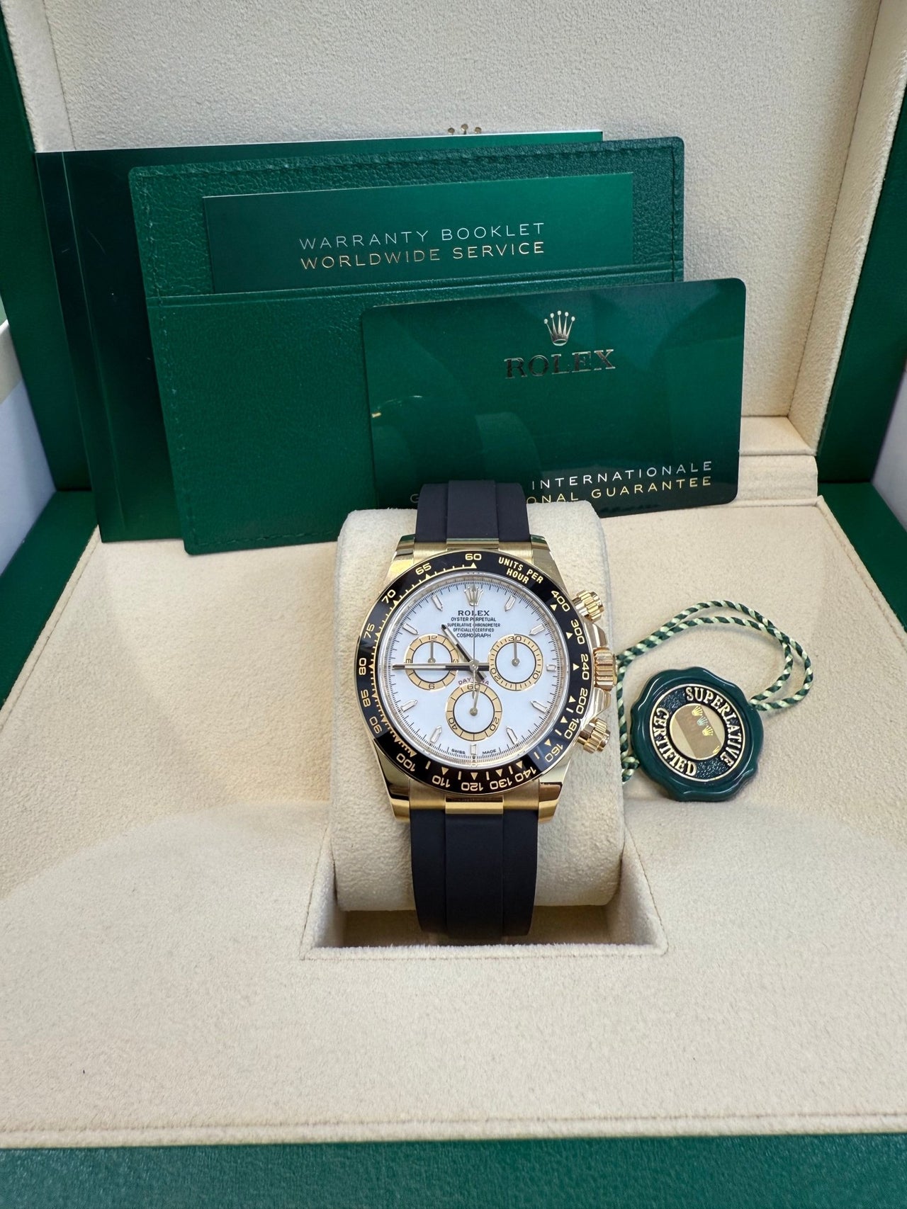 Rolex Daytona Yellow Gold Black Cerachrom Bezel White Index Dial Oysterflex Strap 126518ln - WatchesOff5thWatch