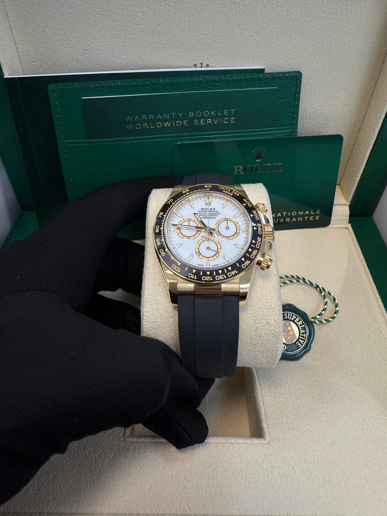 Rolex Daytona Yellow Gold Black Cerachrom Bezel White Index Dial Oysterflex Strap 126518ln - WatchesOff5thWatch