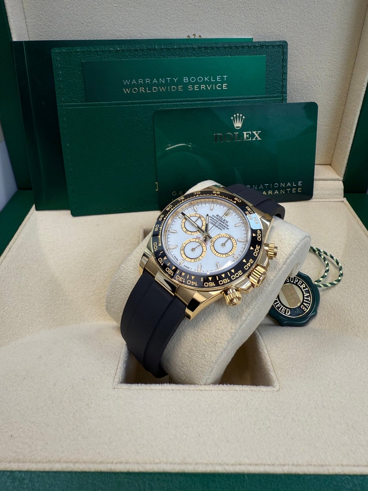 Rolex Daytona Yellow Gold Black Cerachrom Bezel White Index Dial Oysterflex Strap 126518ln - WatchesOff5thWatch