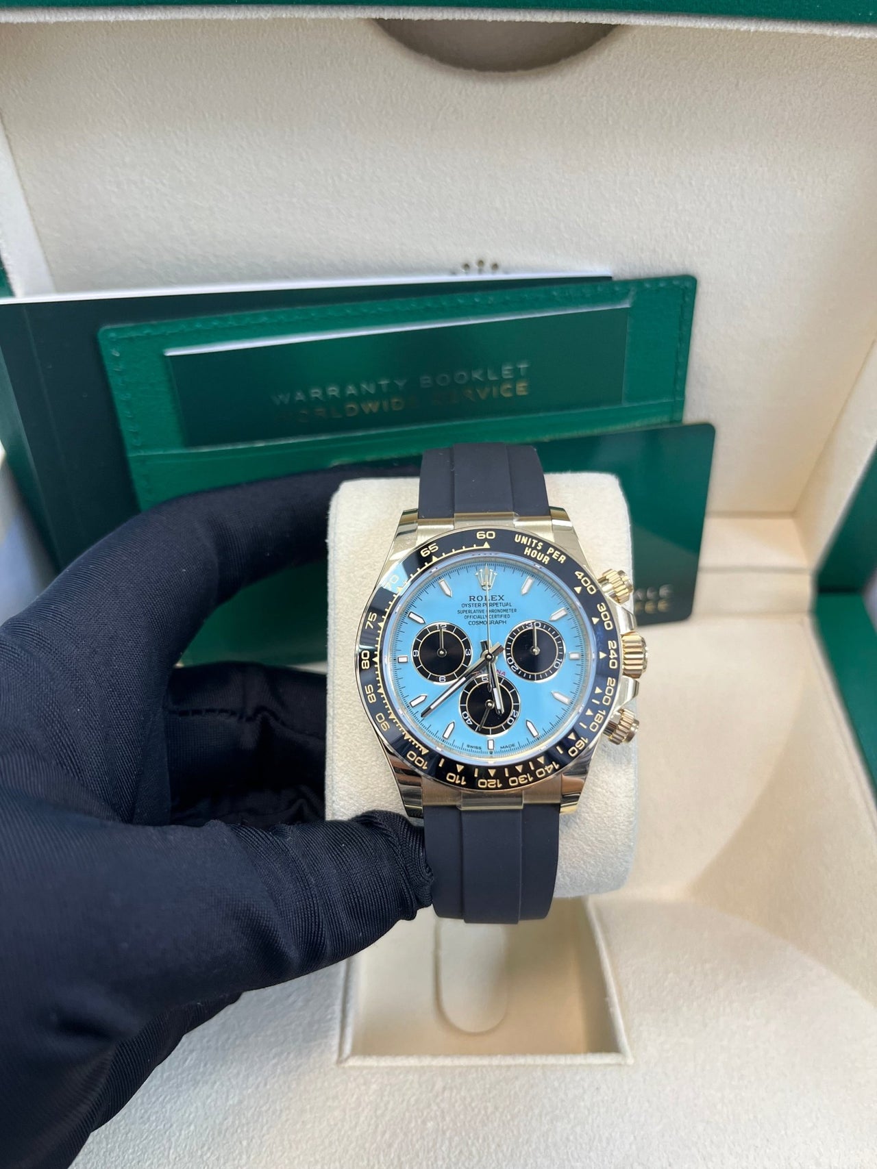 Rolex Daytona Yellow Gold Daytona Tiffany Dial on Oysterflex New 2025 Release Reference 126518 - WatchesOff5thWatch