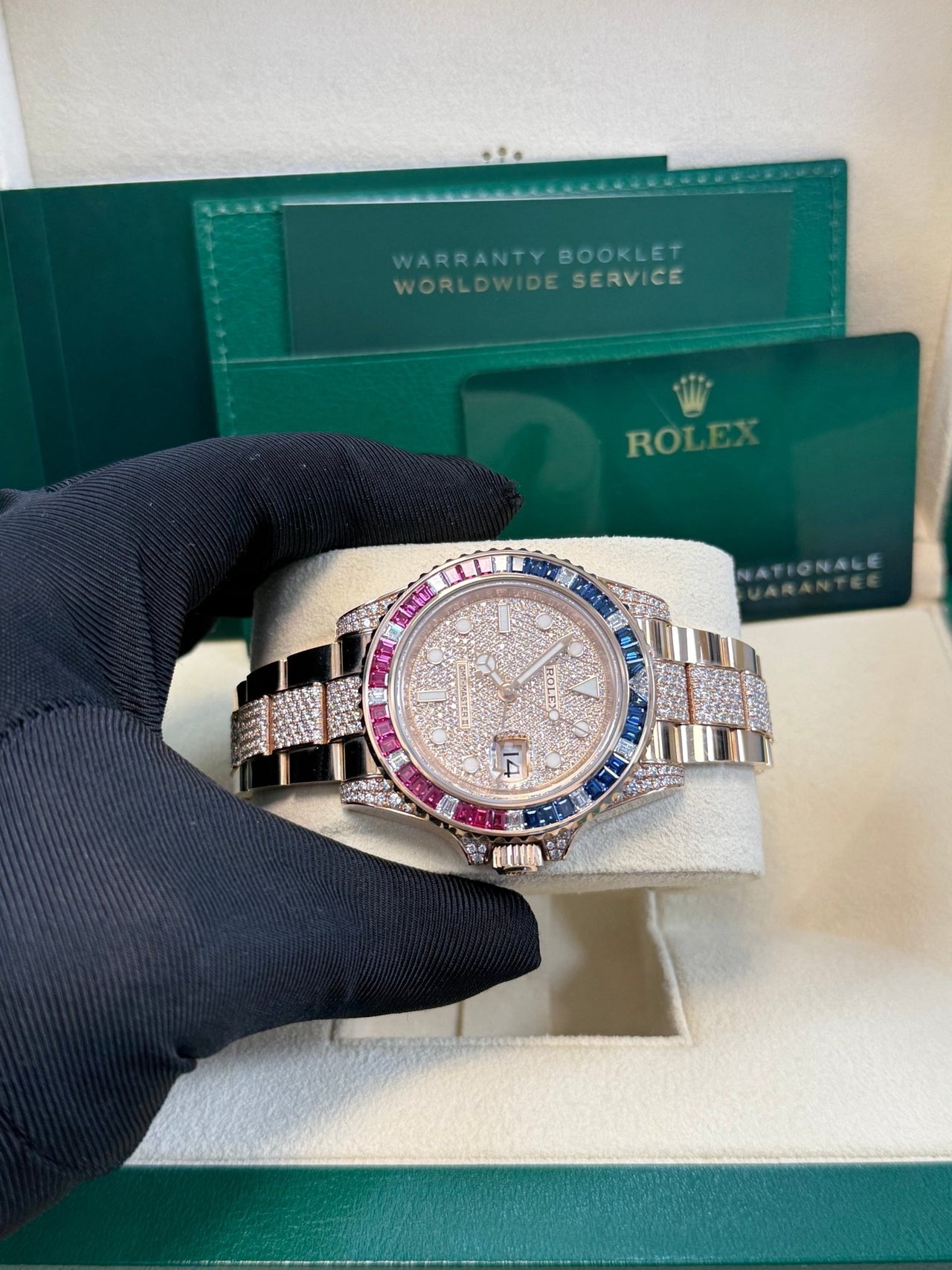 Rolex GMT - Master II Everose Gold/ Full Diamond Paved Dial/ Bracelet Sapphire & Ruby (Ref# 126755SARU) - WatchesOff5thWatch