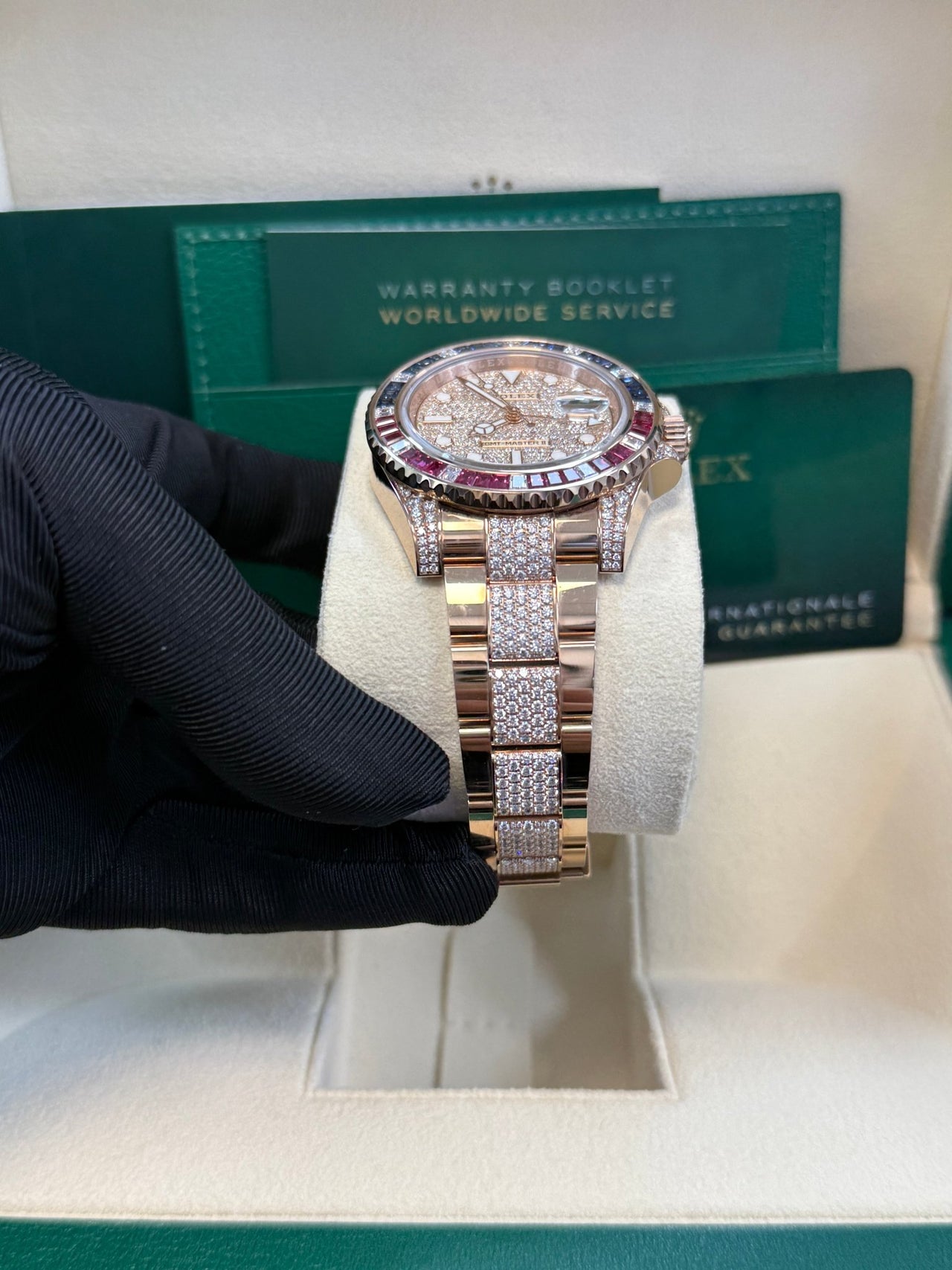 Rolex GMT - Master II Everose Gold/ Full Diamond Paved Dial/ Bracelet Sapphire & Ruby (Ref# 126755SARU) - WatchesOff5thWatch