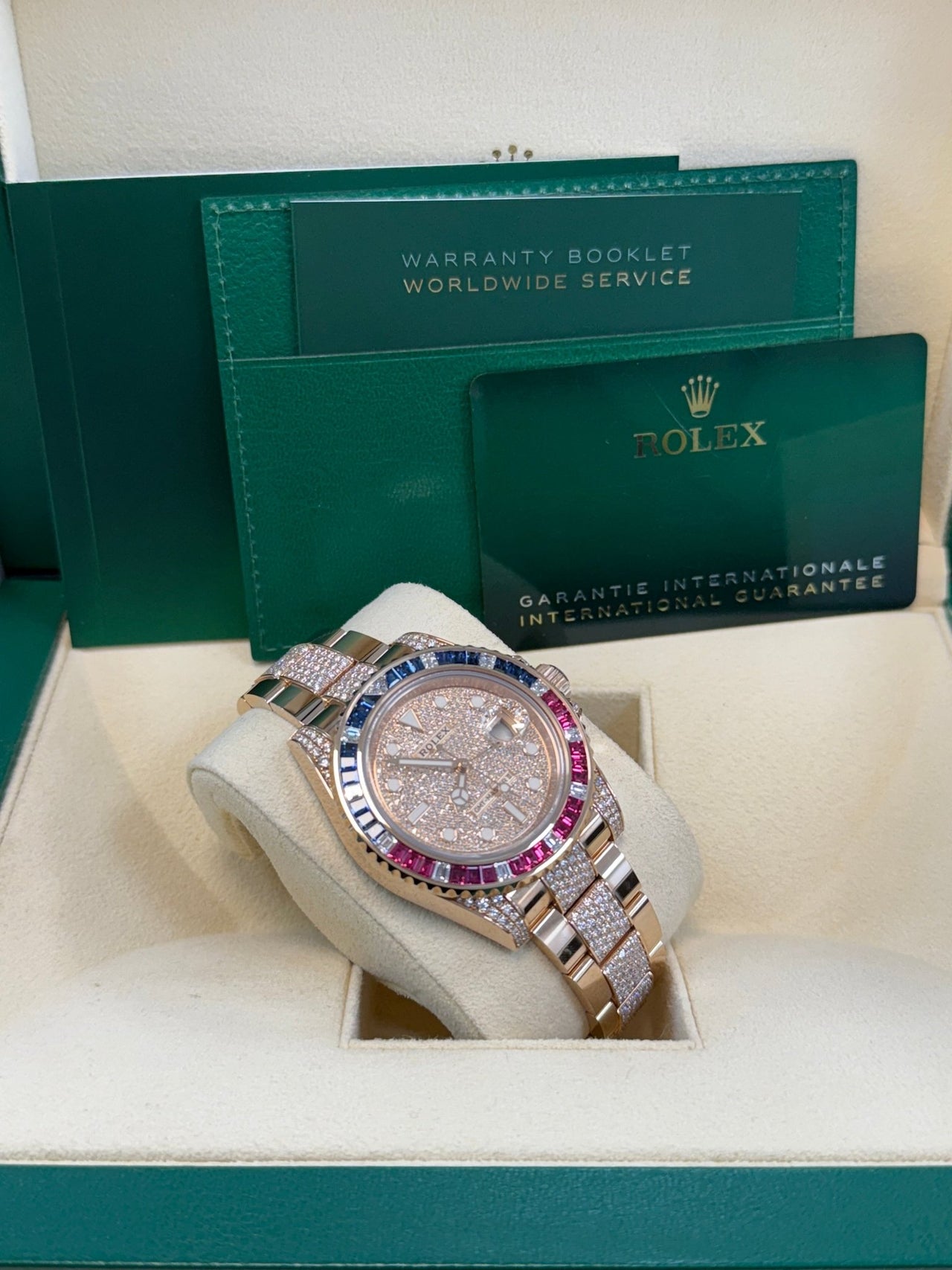 Rolex GMT - Master II Everose Gold/ Full Diamond Paved Dial/ Bracelet Sapphire & Ruby (Ref# 126755SARU) - WatchesOff5thWatch