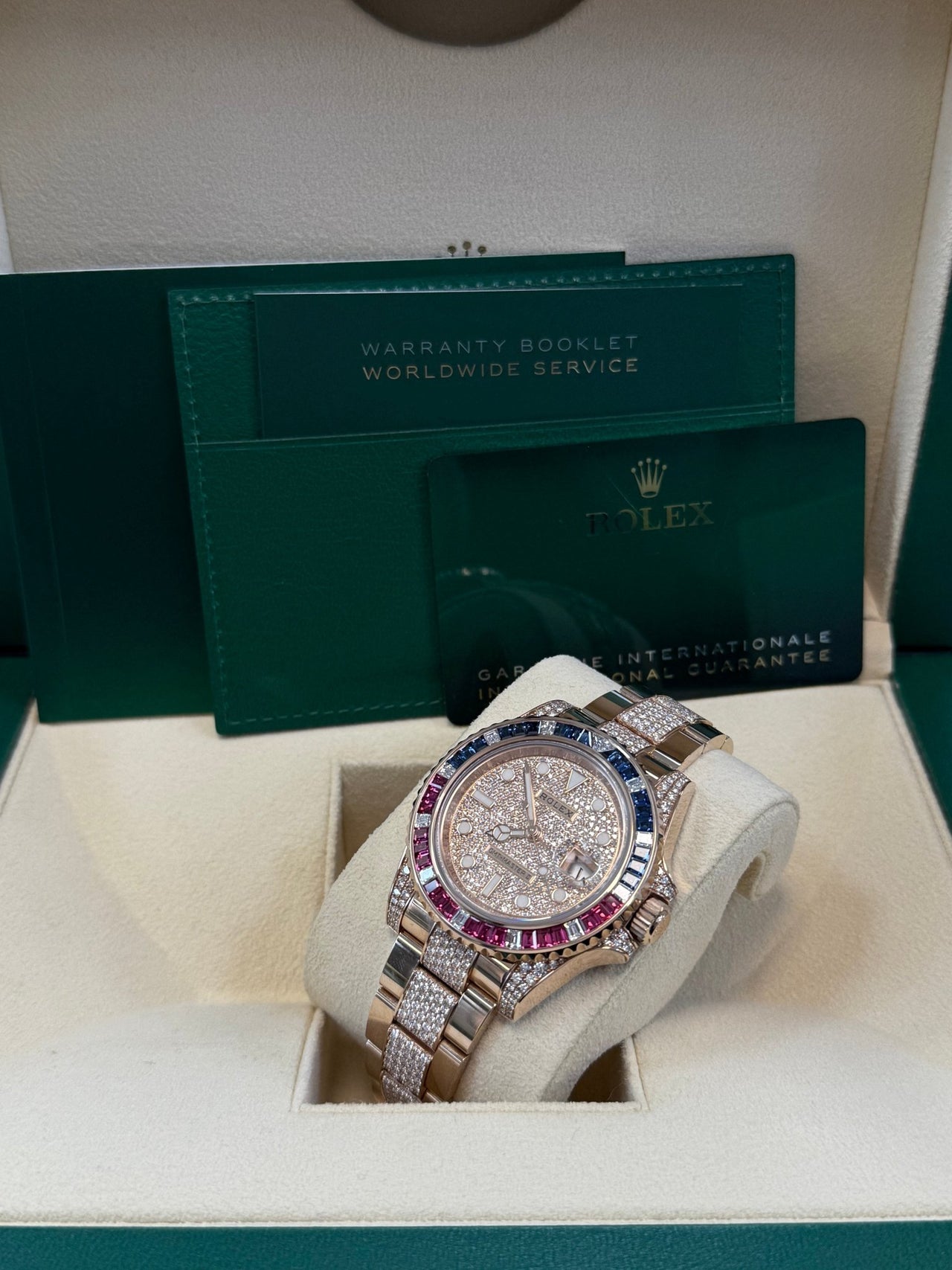 Rolex GMT - Master II Everose Gold/ Full Diamond Paved Dial/ Bracelet Sapphire & Ruby (Ref# 126755SARU) - WatchesOff5thWatch