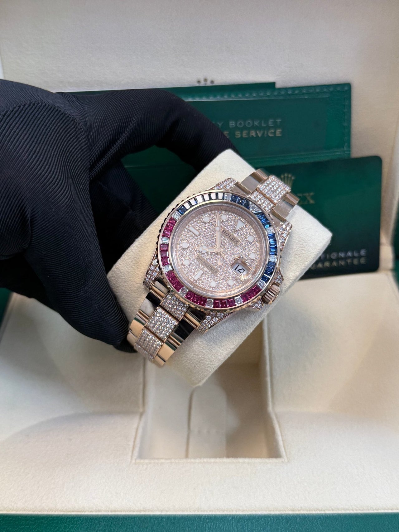 Rolex GMT - Master II Everose Gold/ Full Diamond Paved Dial/ Bracelet Sapphire & Ruby (Ref# 126755SARU) - WatchesOff5thWatch