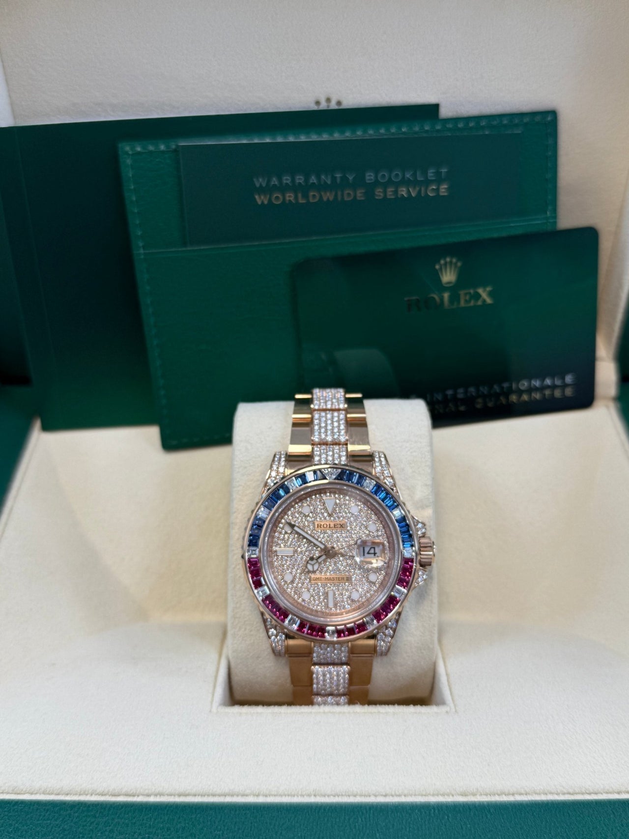 Rolex GMT - Master II Everose Gold/ Full Diamond Paved Dial/ Bracelet Sapphire & Ruby (Ref# 126755SARU) - WatchesOff5thWatch
