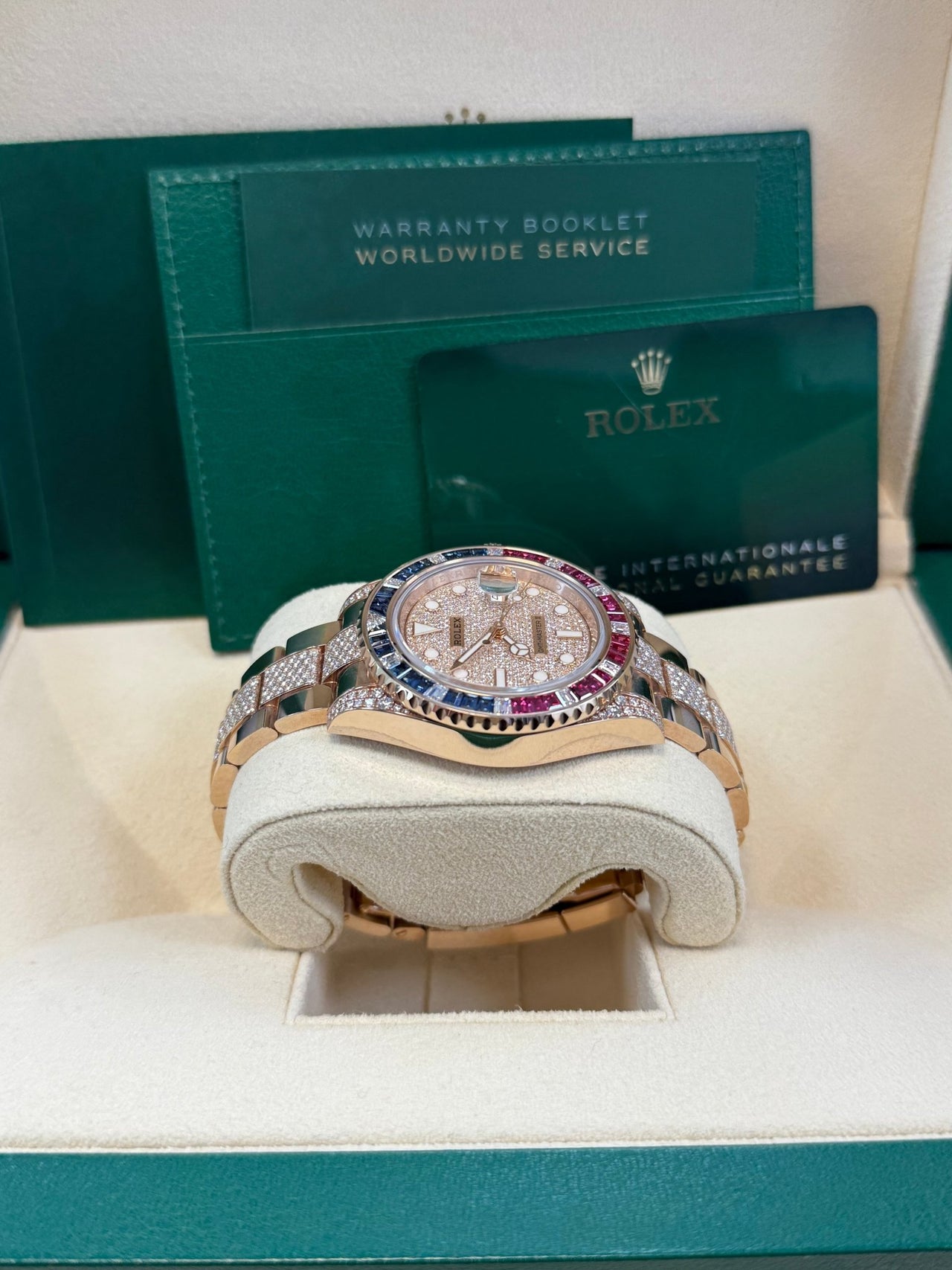 Rolex GMT - Master II Everose Gold/ Full Diamond Paved Dial/ Bracelet Sapphire & Ruby (Ref# 126755SARU) - WatchesOff5thWatch