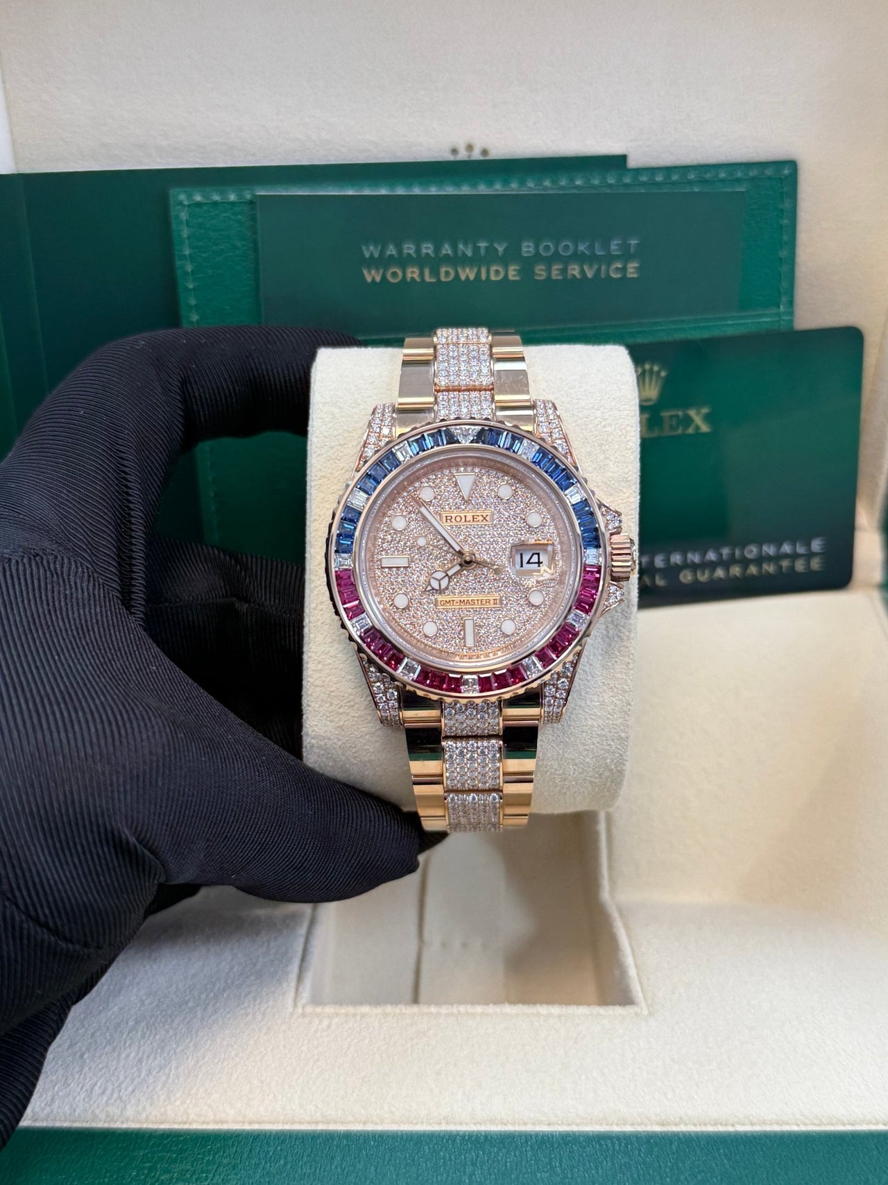 Rolex GMT - Master II Everose Gold/ Full Diamond Paved Dial/ Bracelet Sapphire & Ruby (Ref# 126755SARU) - WatchesOff5thWatch