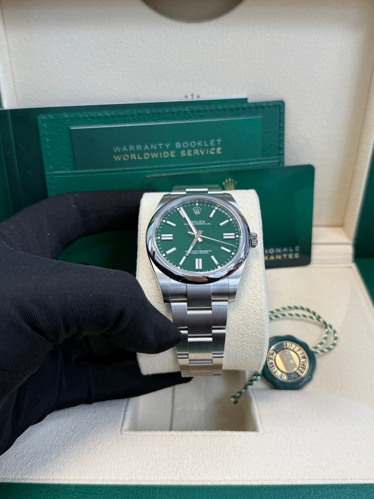 Rolex Oyster Perpetual 41 Stainless Steel - Green Index Dial - Oyster Bracelet (Ref# 124300) - WatchesOff5thWatch
