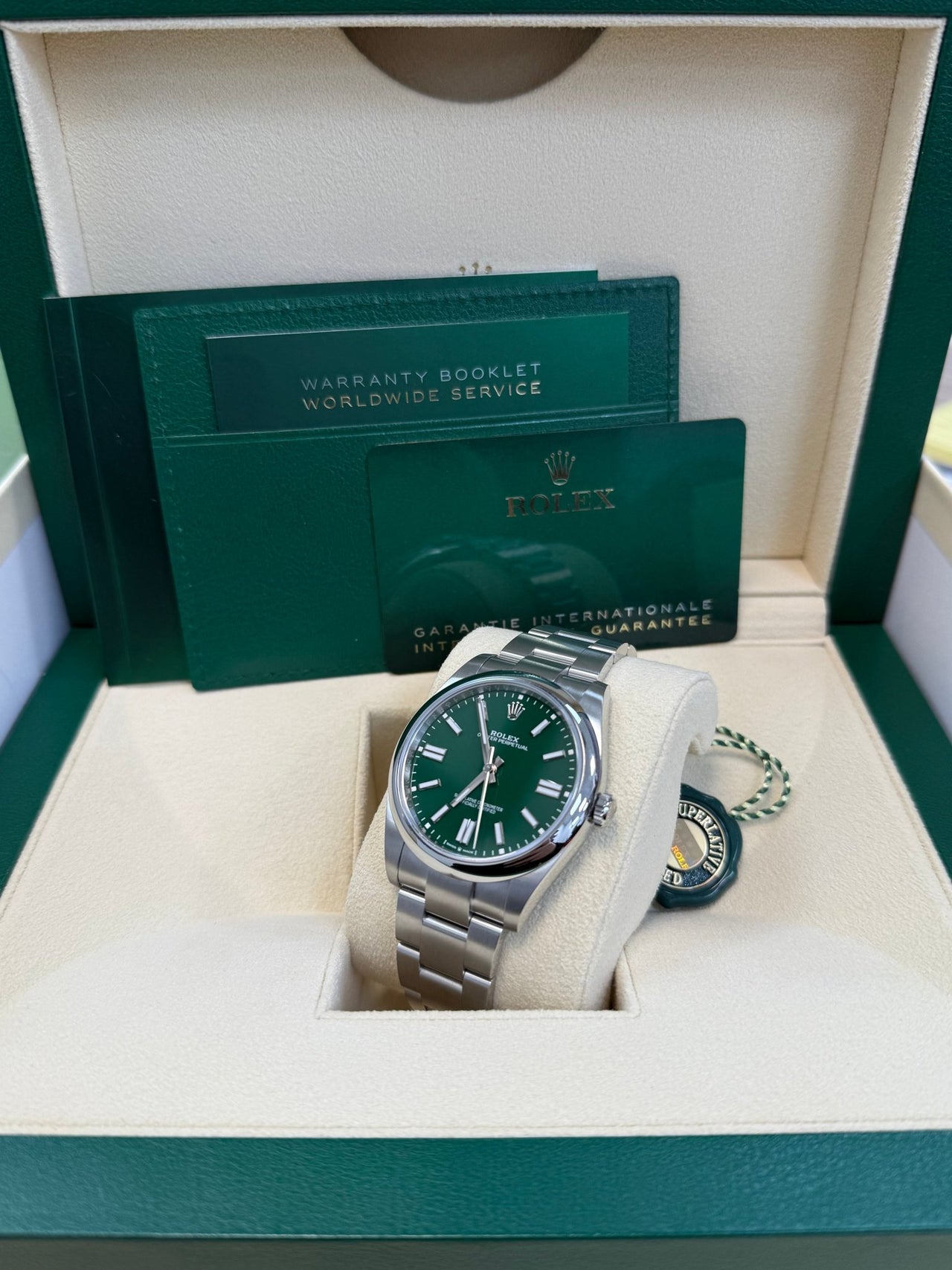 Rolex Oyster Perpetual 41 Stainless Steel - Green Index Dial - Oyster Bracelet (Ref# 124300) - WatchesOff5thWatch