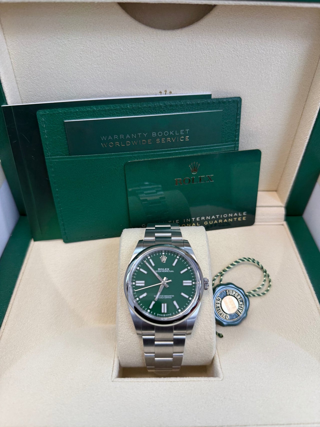 Rolex Oyster Perpetual 41 Stainless Steel - Green Index Dial - Oyster Bracelet (Ref# 124300) - WatchesOff5thWatch