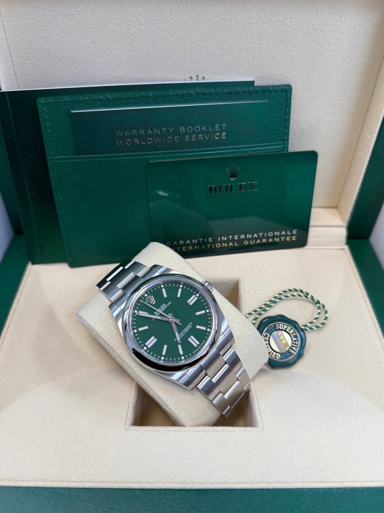 Rolex Oyster Perpetual 41 Stainless Steel - Green Index Dial - Oyster Bracelet (Ref# 124300) - WatchesOff5thWatch