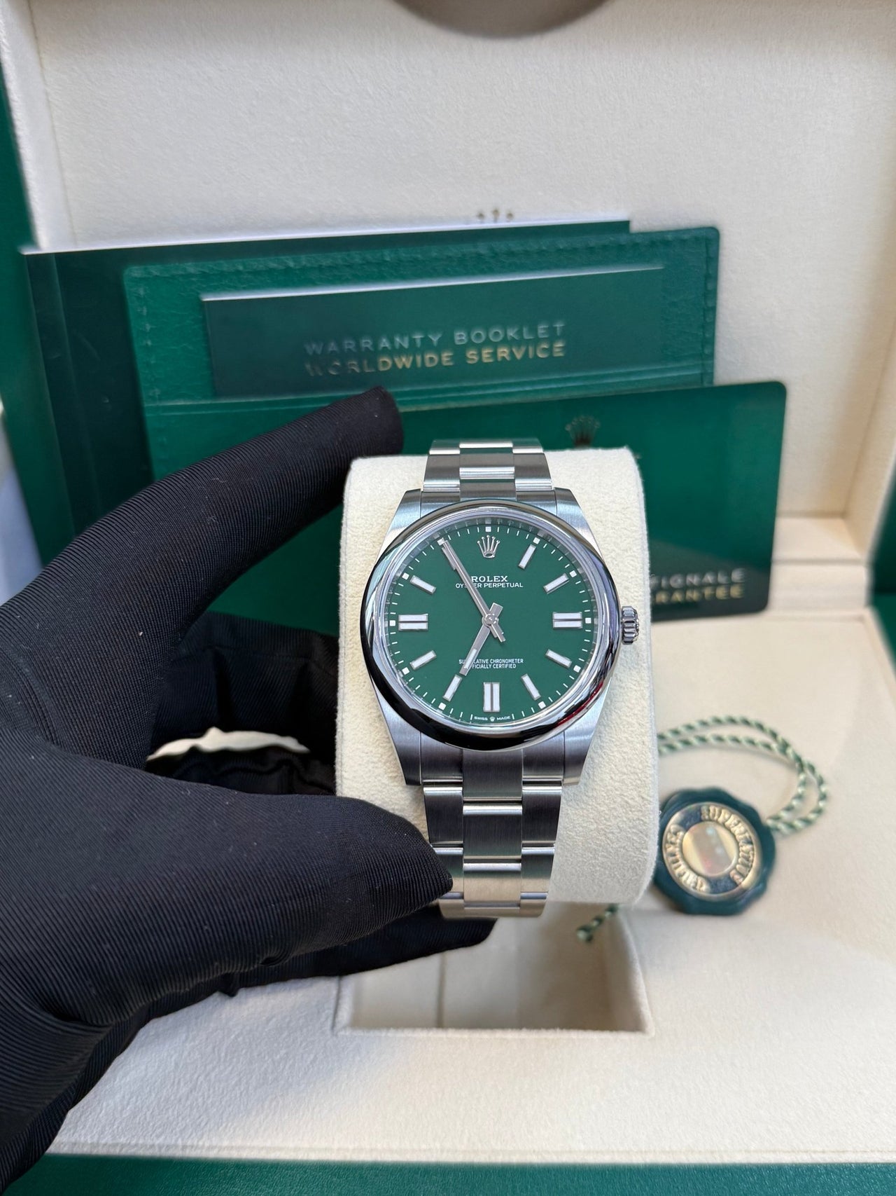 Rolex Oyster Perpetual 41 Stainless Steel - Green Index Dial - Oyster Bracelet (Ref# 124300) - WatchesOff5thWatch