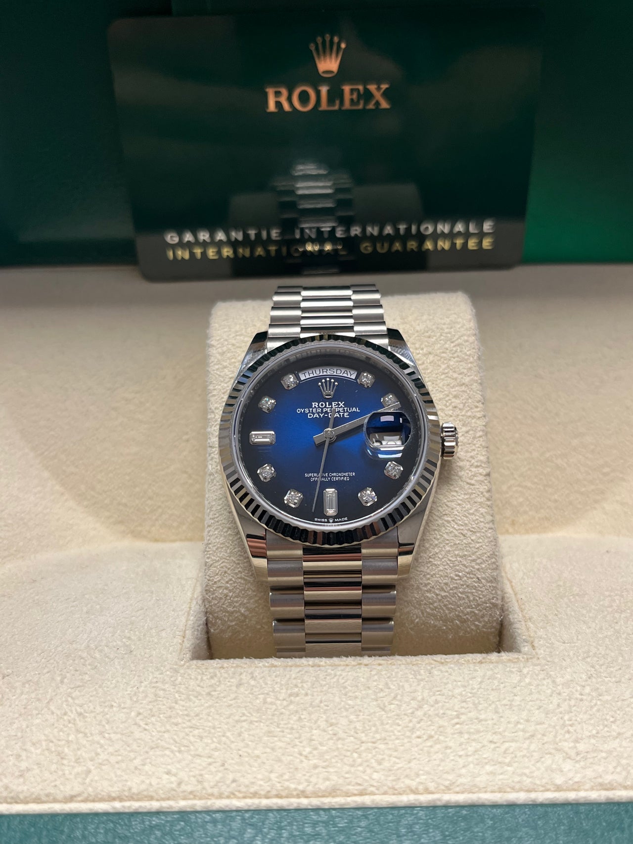 Rolex White Gold Day-Date 36 Watch - Fluted Bezel - Blue Ombre´ Diamond Dial - President Bracelet (Ref # 128239)