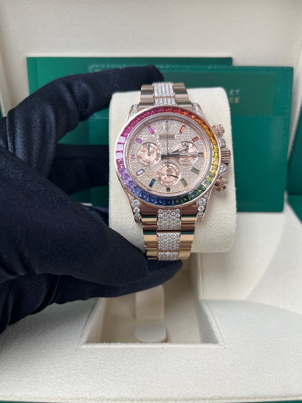 Rolex Cosmograph Everose Daytona Factory Diamond Rainbow Edition Ref# 116595RBOW)