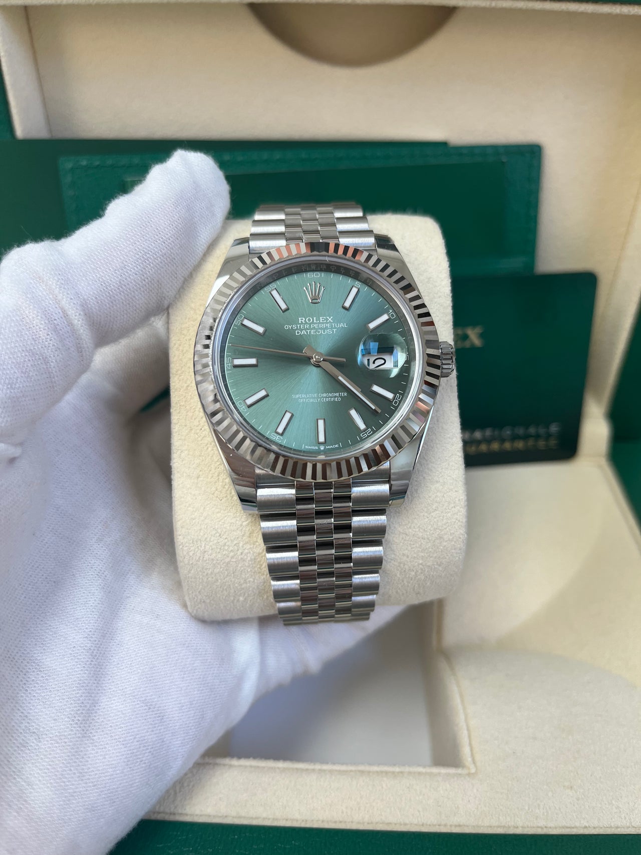 Rolex DateJust Oyster 41 mm Oystersteel Mint Green Dial Fluted Bezel Jubilee Bracelet (Reference # 126334)