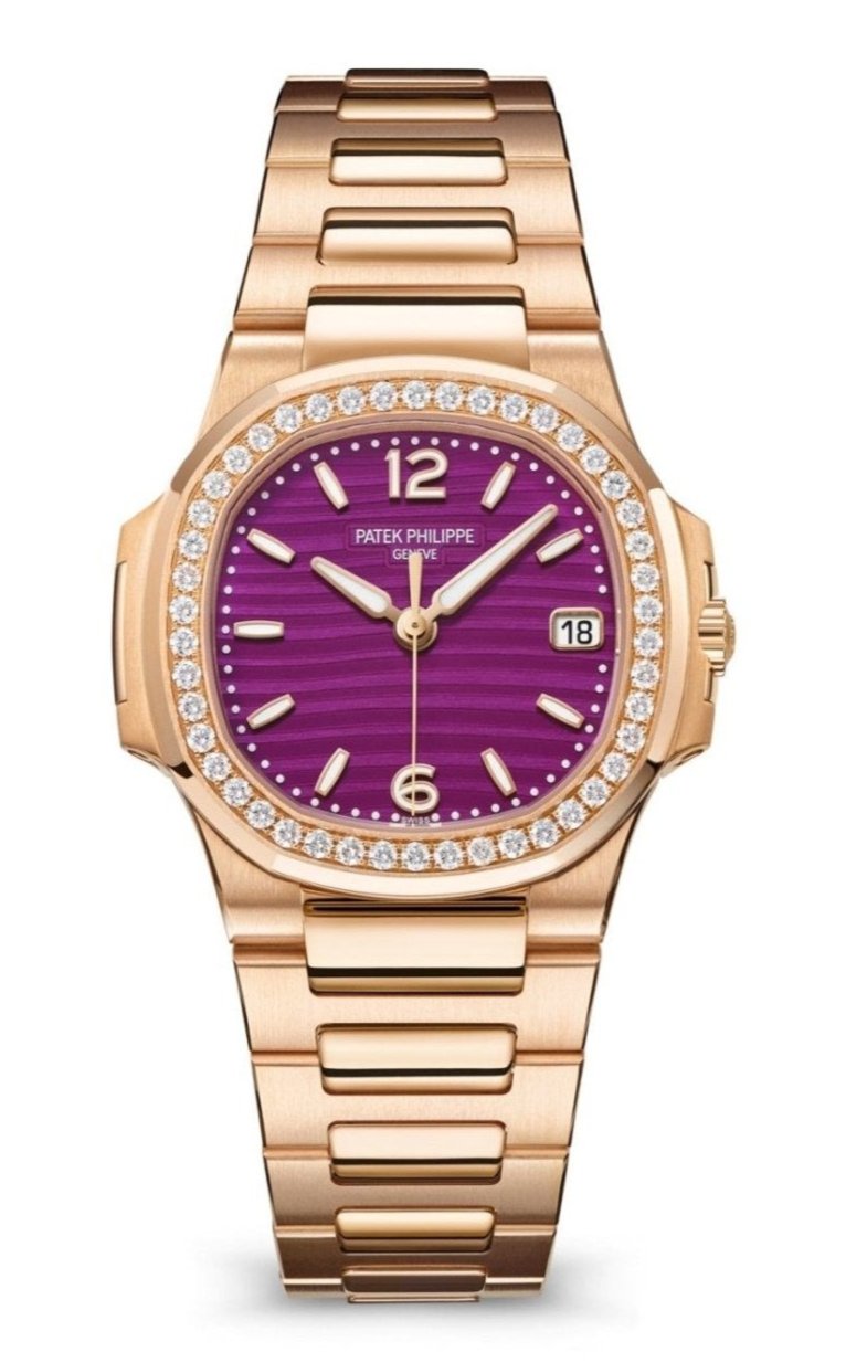 Patek Philippe Nautilus 32mm Diamond Bezel Rose Gold Purple Wave Dial 7010/1R-013 - WatchesOff5th