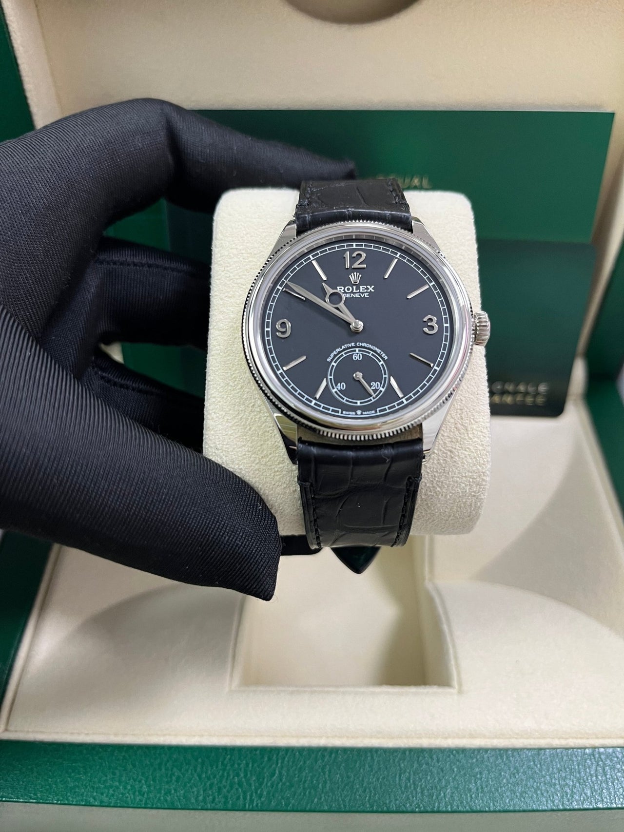 Rolex 1908 Domed And Fluted Bezel Black Index Arabic Dial Alligator Leather Strap 52509 - WatchesOff5th