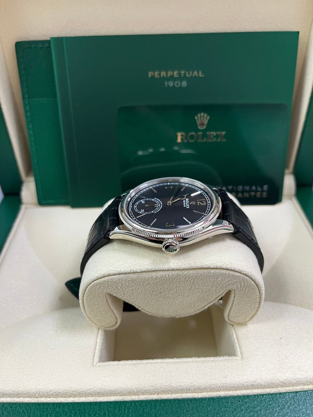 Rolex 1908 Domed And Fluted Bezel Black Index Arabic Dial Alligator Leather Strap 52509 - WatchesOff5th