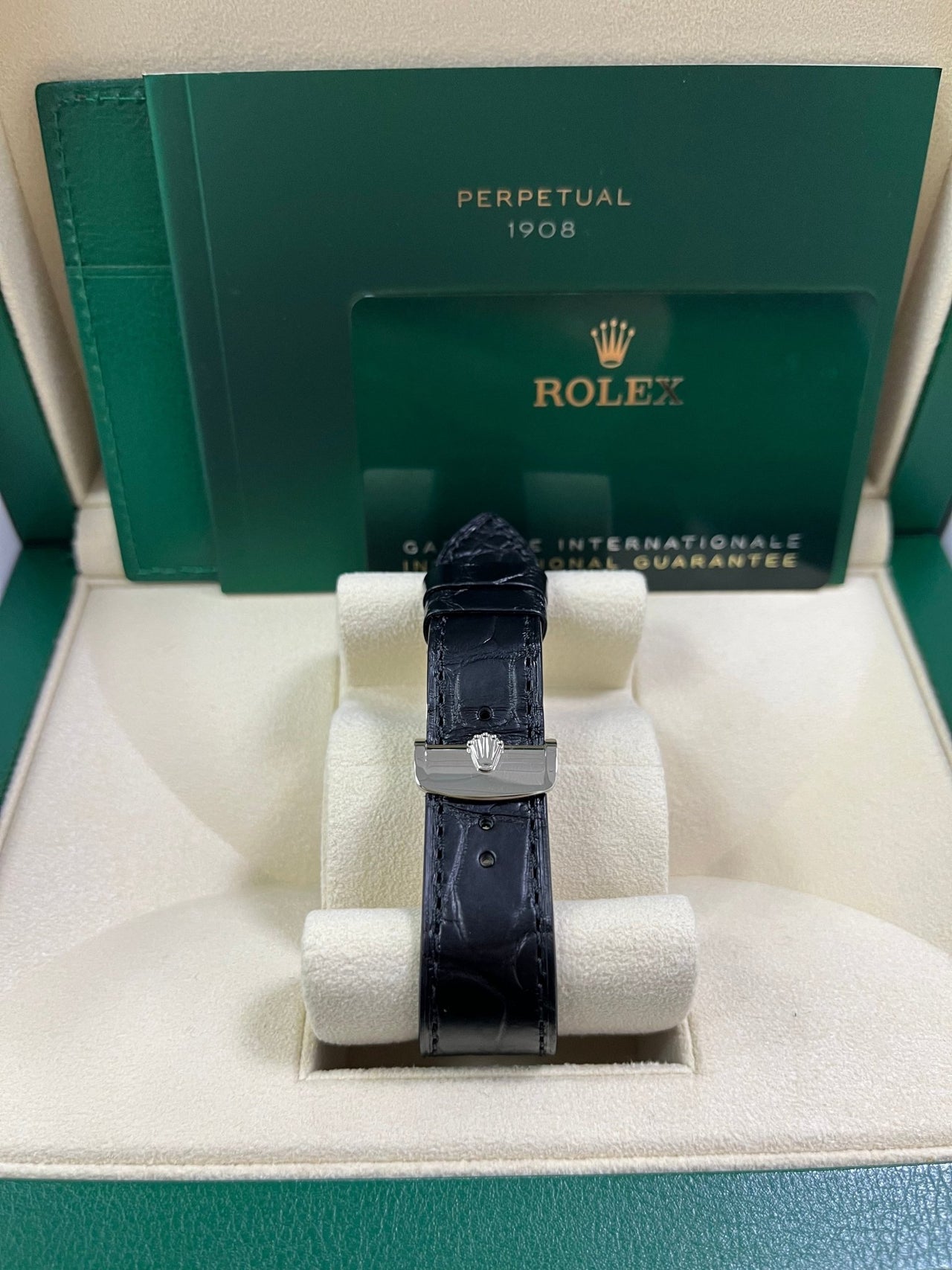 Rolex 1908 Domed And Fluted Bezel Black Index Arabic Dial Alligator Leather Strap 52509 - WatchesOff5th