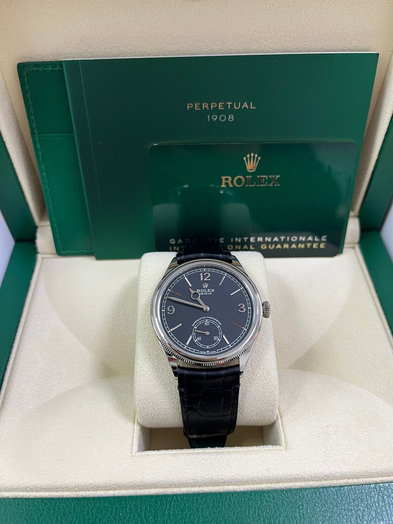Rolex 1908 Domed And Fluted Bezel Black Index Arabic Dial Alligator Leather Strap 52509 - WatchesOff5th