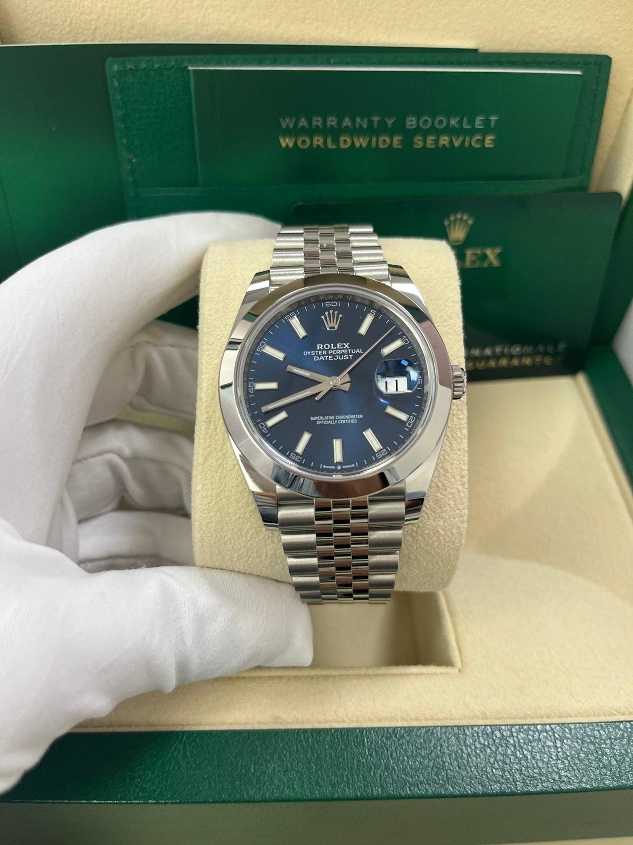 Rolex Datejust 41/ Stainless Steel/ Blue Index Dial/ Smooth Bezel/ Jubilee Bracelet (Ref# 126300) - WatchesOff5thWatch