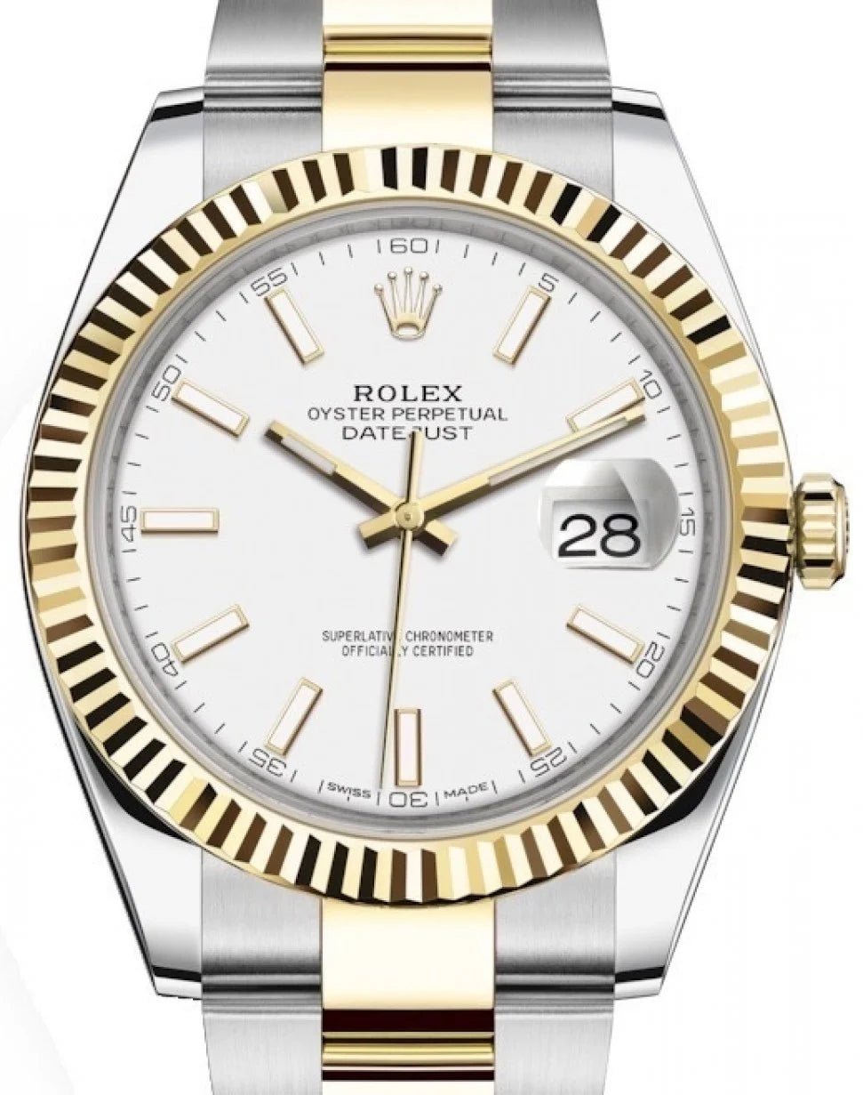 eksperimentel Faktisk Hurtig Rolex Datejust 41 Yellow Gold & Steel Fluted Bezel White Index Dial Oy –  WatchesOff5th