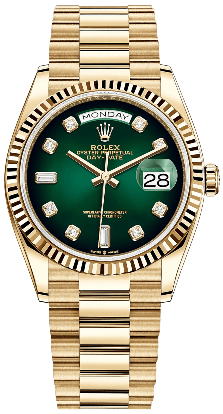sådan sum Kosciuszko Rolex Day-Date 36 Watch Fluted Bezel Green Ombre´ Diamond Dial Preside –  WatchesOff5th