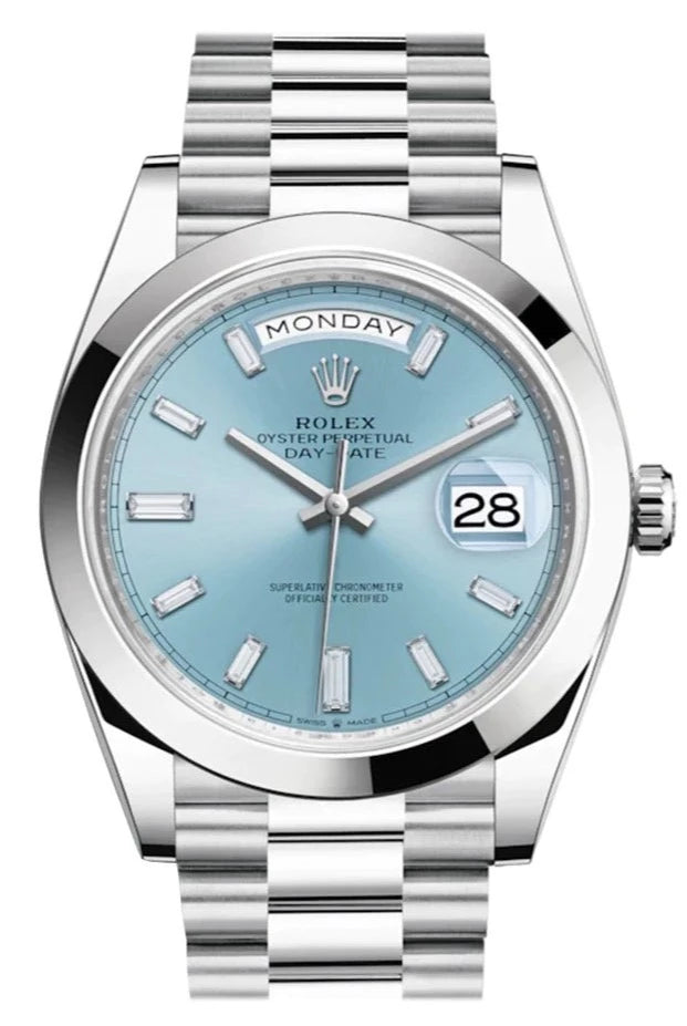 Rolex Day-Date 40 Ice Blue Baguette Diamond Dial Dial Dome Bezel – WatchesOff5th