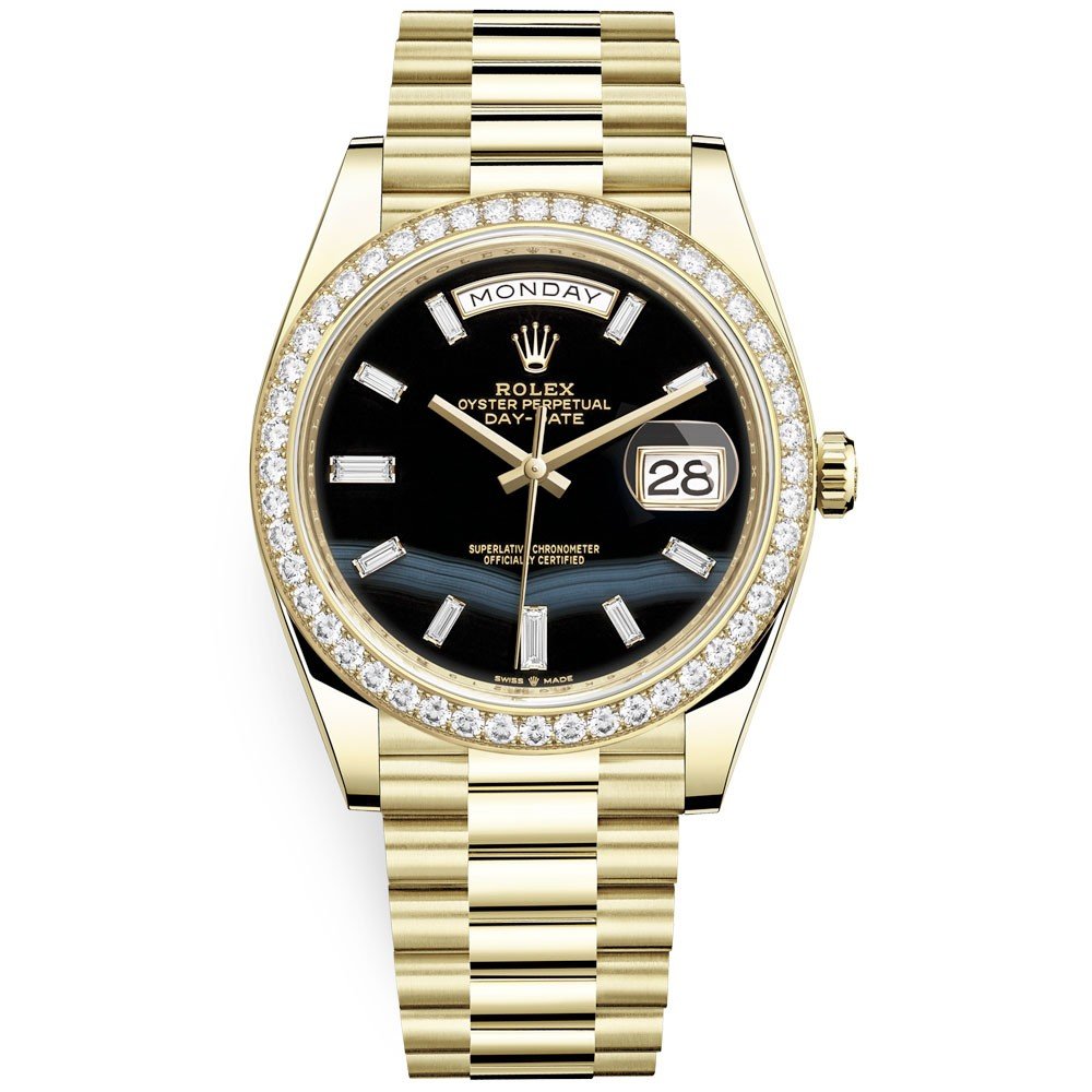 sjældenhed kalligraf specifikation Rolex Day-Date 40 Yellow Gold Day-Date 40 Watch - Bezel - Black Baguet –  WatchesOff5th