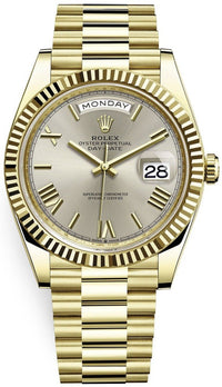 Thumbnail for Rolex Day-Date 40 Yellow Gold Silver Roman Dial Fluted Bezel (Ref # 228238) - WatchesOff5thWatch