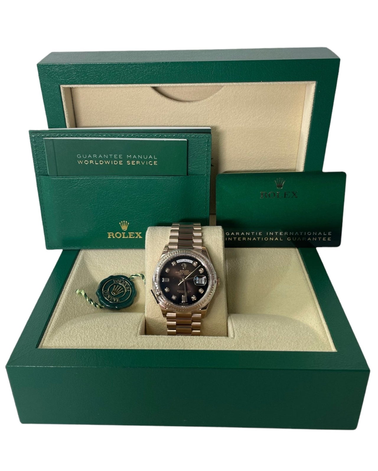 Rolex Everose Gold Day-Date 36 Watch - Fluted Bezel - Brown Ombre“ Diamond Dial - President Bracelet (Ref# 128235) - WatchesOff5thWatch