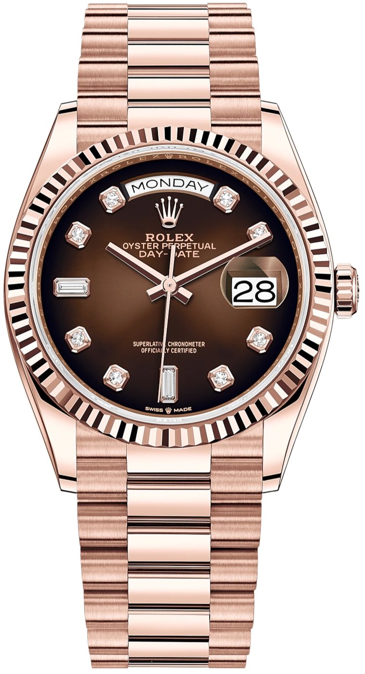 Rolex Everose Gold Day-Date 36 Watch - Fluted Bezel - Brown Ombre“ Diamond Dial - President Bracelet (Ref# 128235) - WatchesOff5thWatch