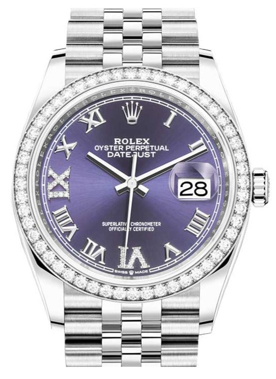Rolex Steel Datejust 36 Watch - Diamond Bezel - Aubergine Purple Diamond Roman VI and IX Dial - Jubilee Bracelet (Reference #126284rbr) - WatchesOff5thWatch