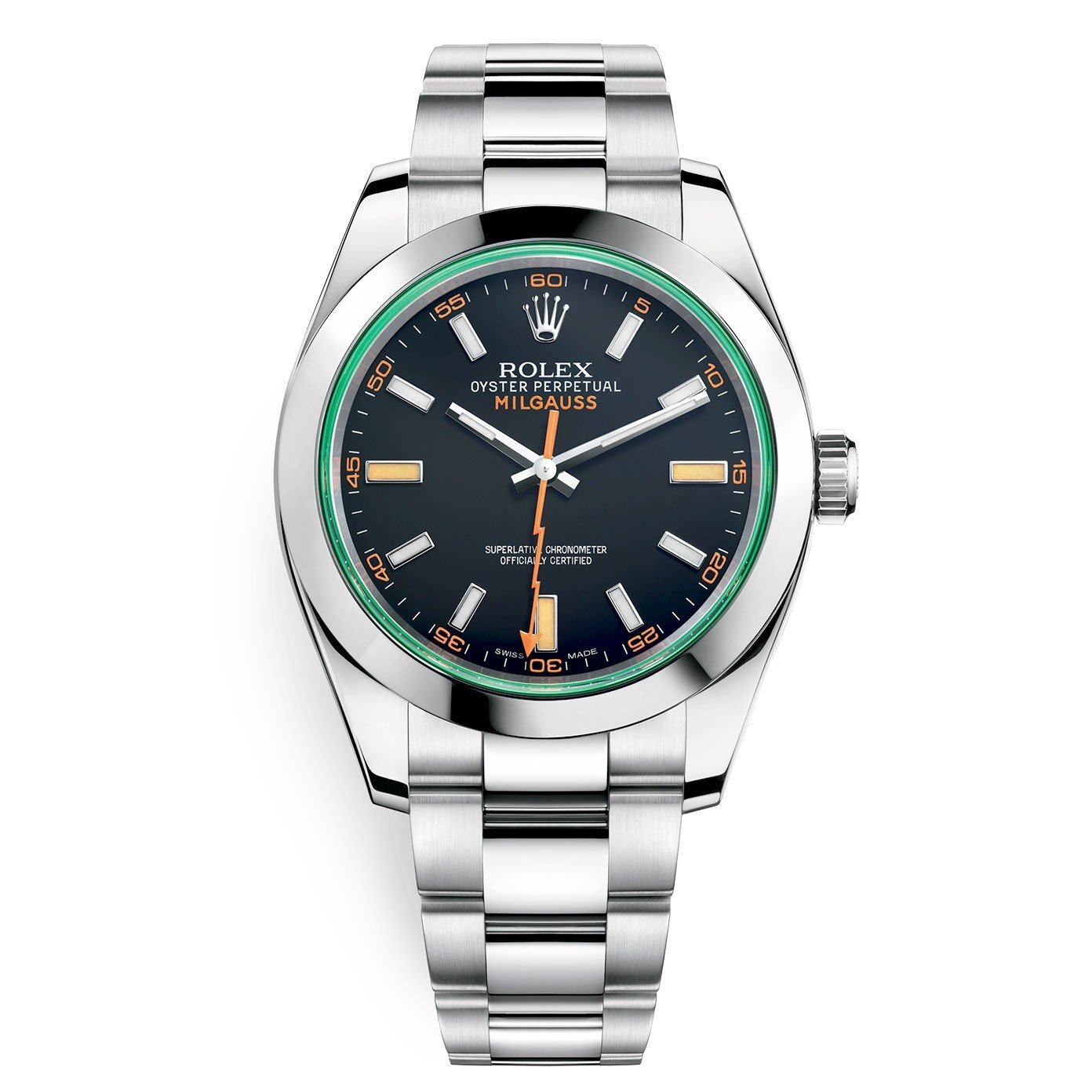kalk pendul vinder Rolex Steel Milgauss Watch Green Crystal - 116400GV Custom Mad in time –  WatchesOff5th